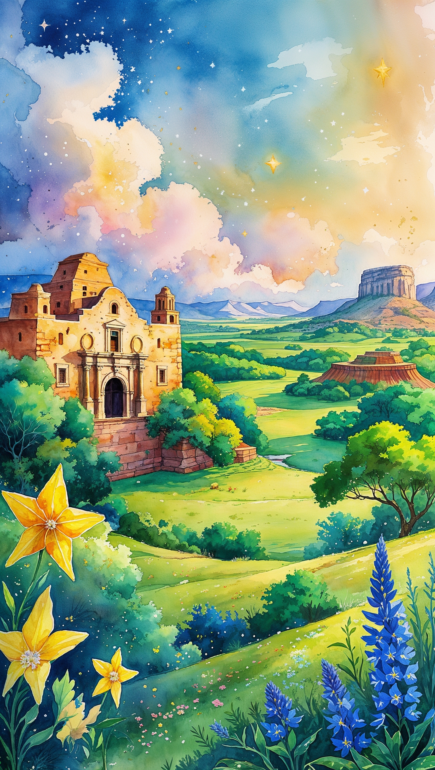 Fantasy watercolor-style image of Texas