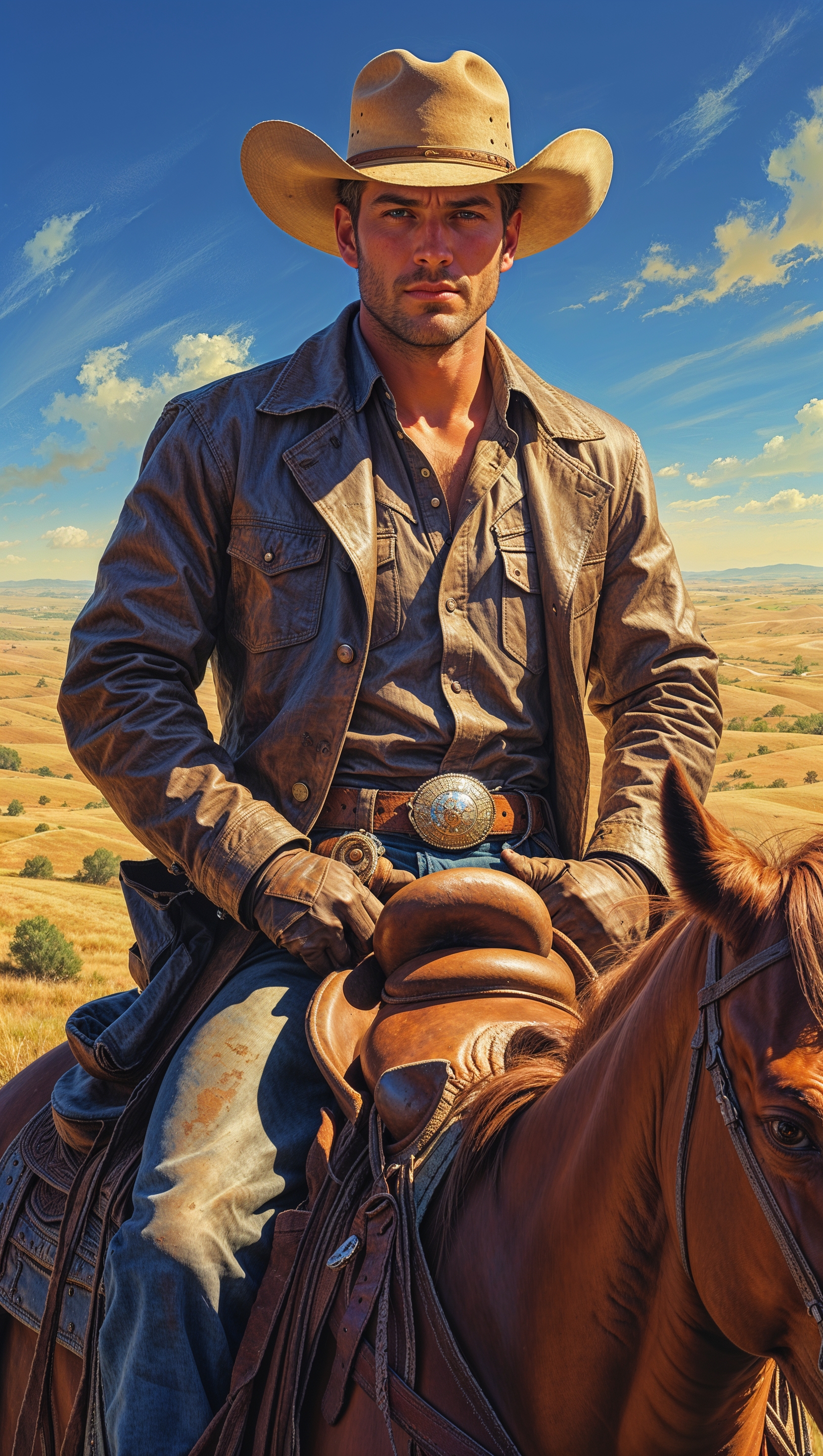 A cowboy on horseback in the Texas plains, realistic painting style