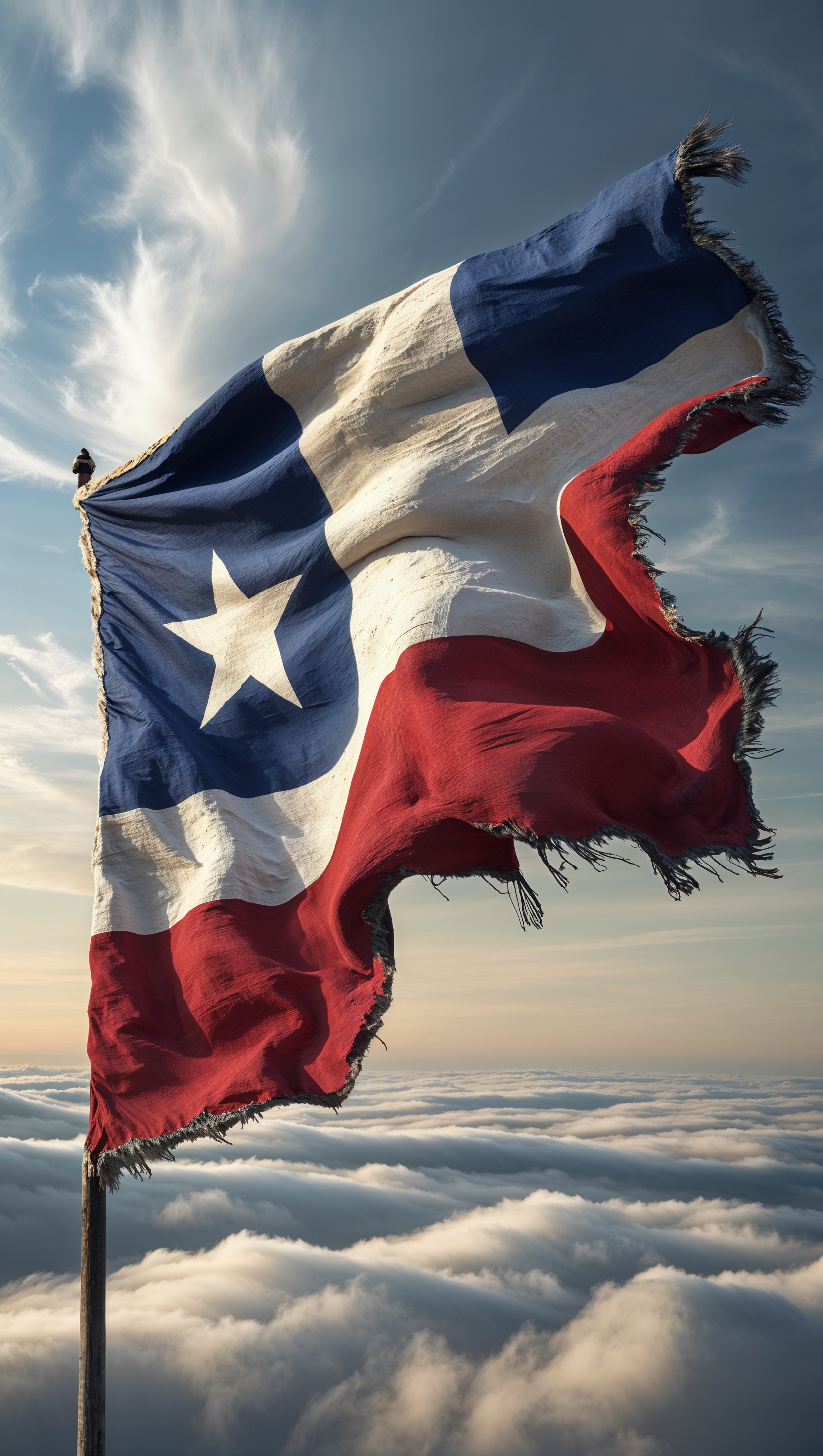 Texas flag waving in the wind, cloudy sky background