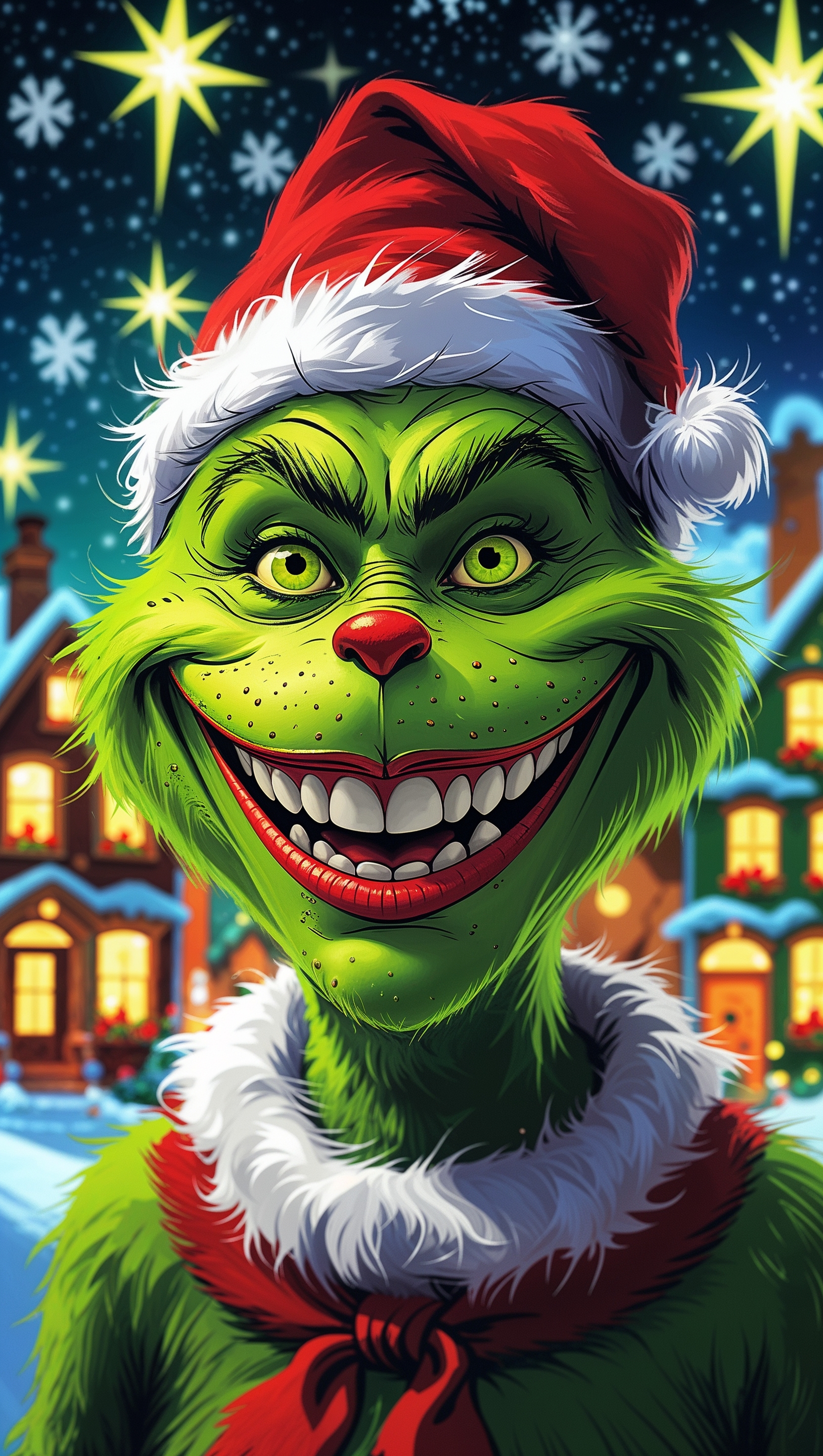 Grinch with a big smile and Christmas night background for iPhone