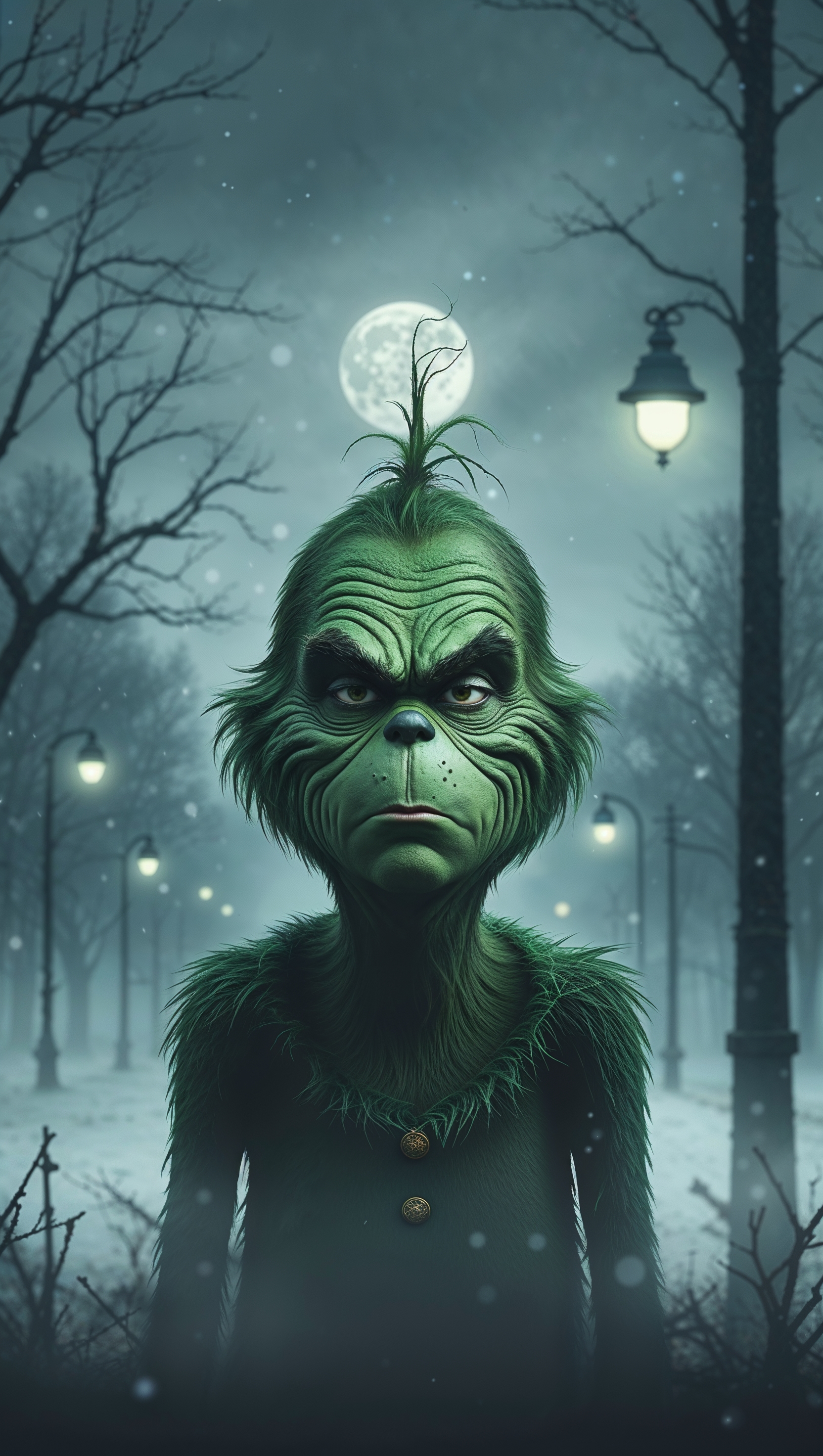 Grinch with sad expression and gloomy Christmas background for iPhone