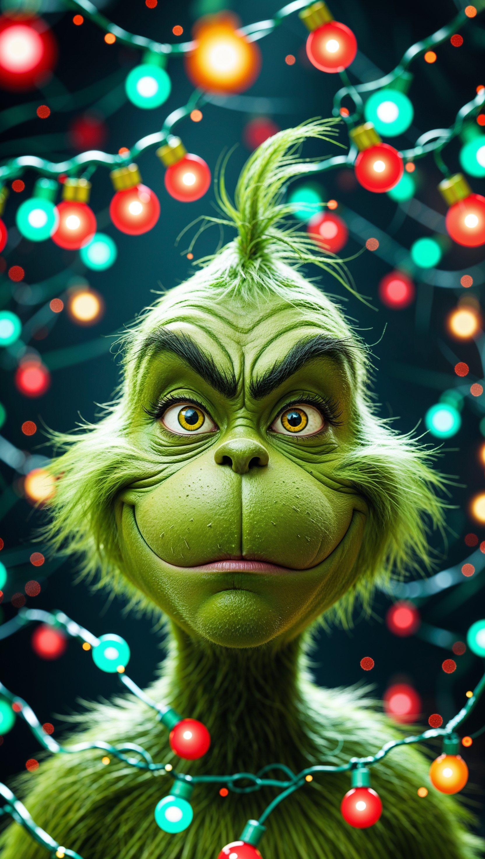 iPhone wallpaper with Grinch and animated Christmas lights