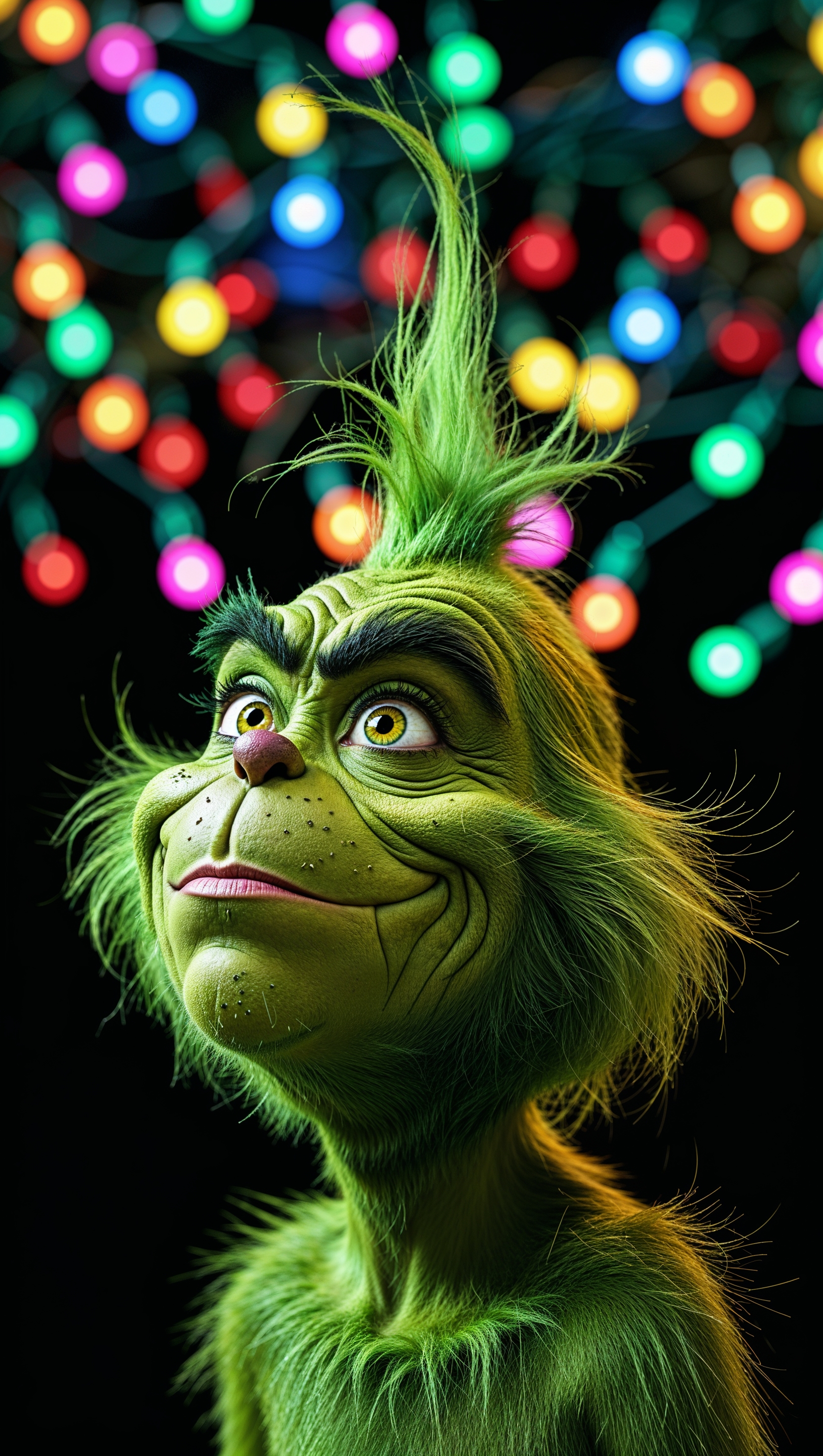 Grinch looking at Christmas lights with dark background for iPhone