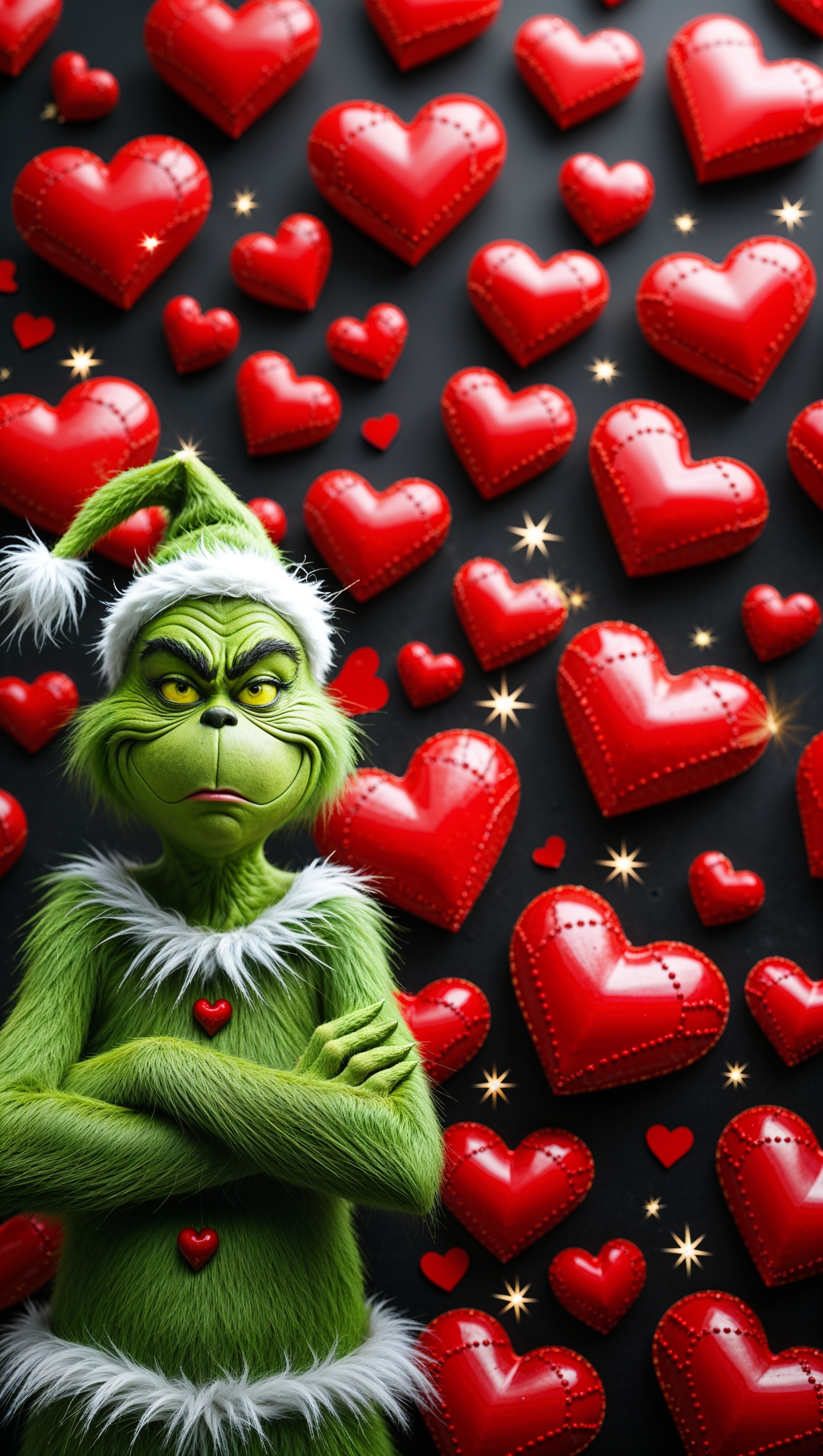 iPhone wallpaper with Grinch and red romantic Christmas hearts