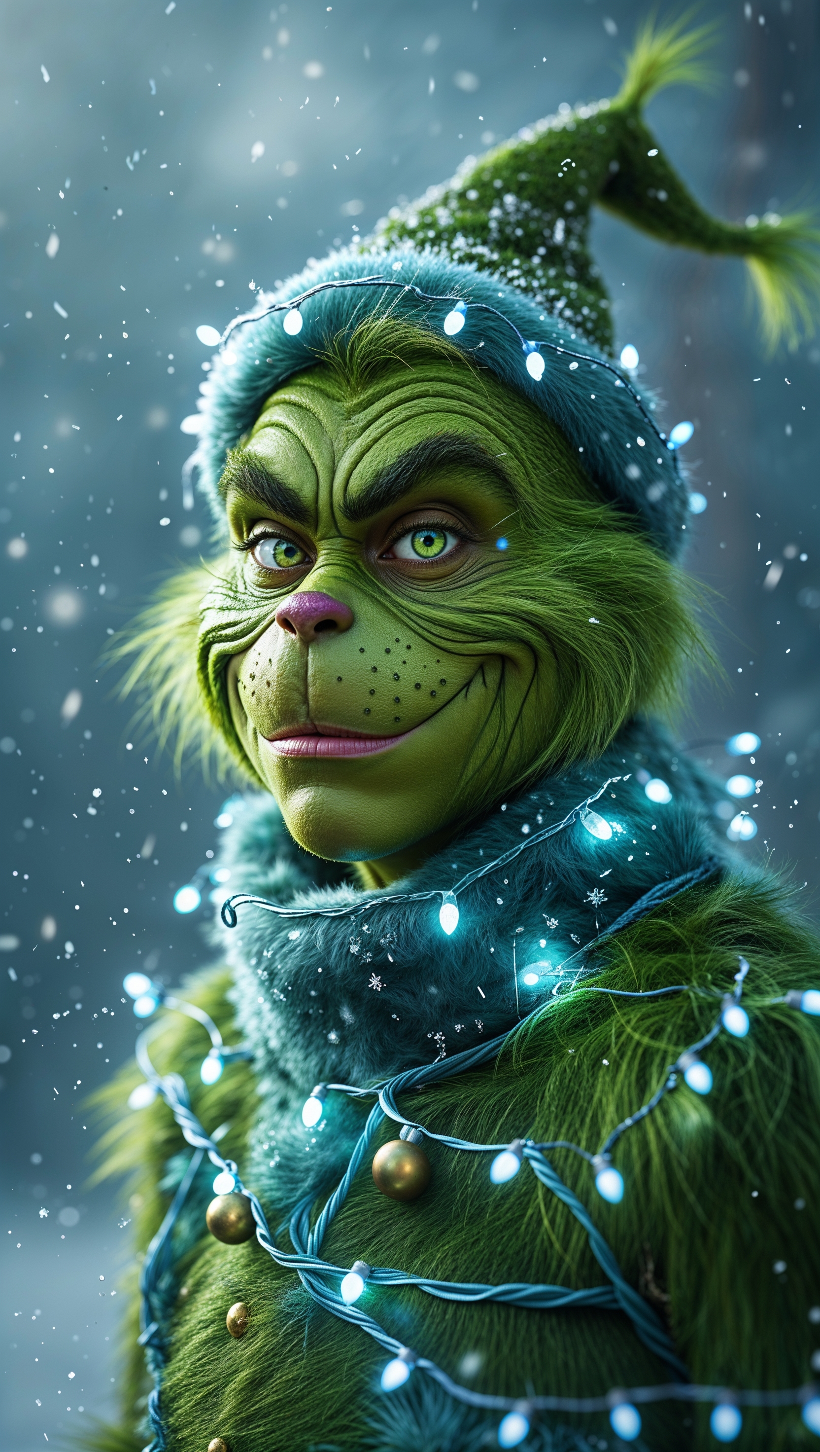 Grinch with sparkling lights and falling snow for iPhone wallpaper