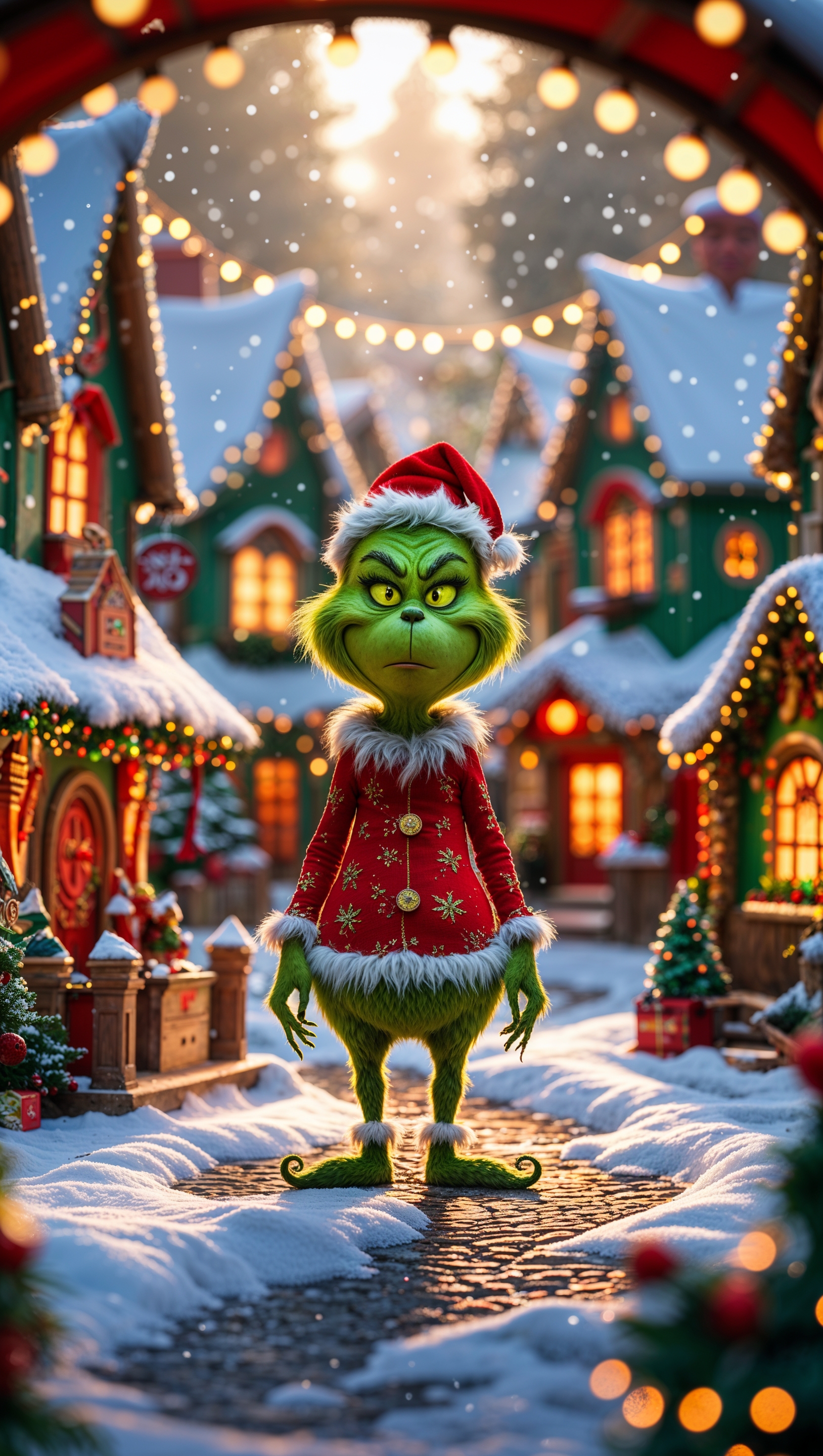 iPhone wallpaper of Grinch in a small bright Christmas town