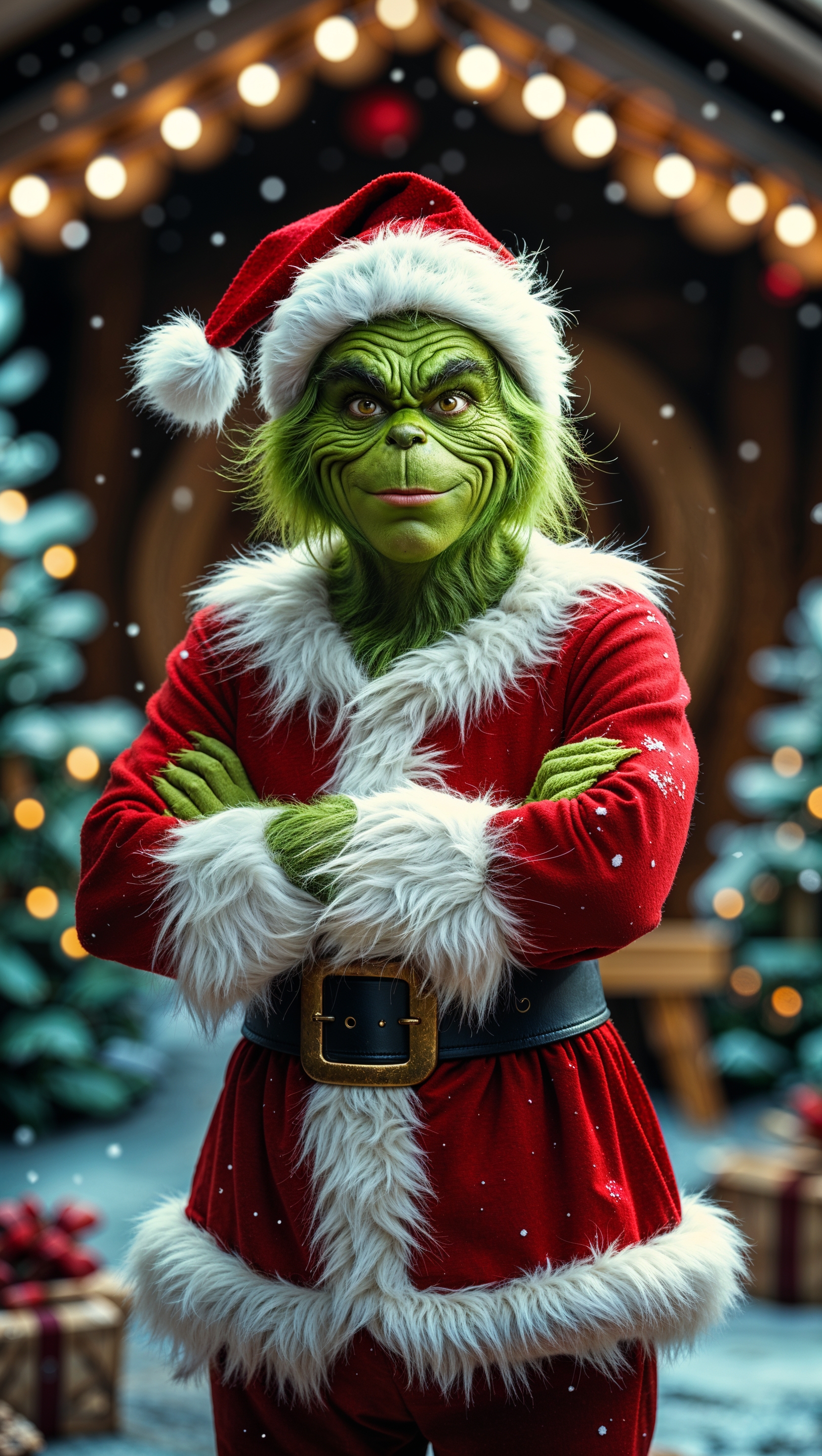 Grinch in traditional Christmas outfit with warm cozy background for iPhone