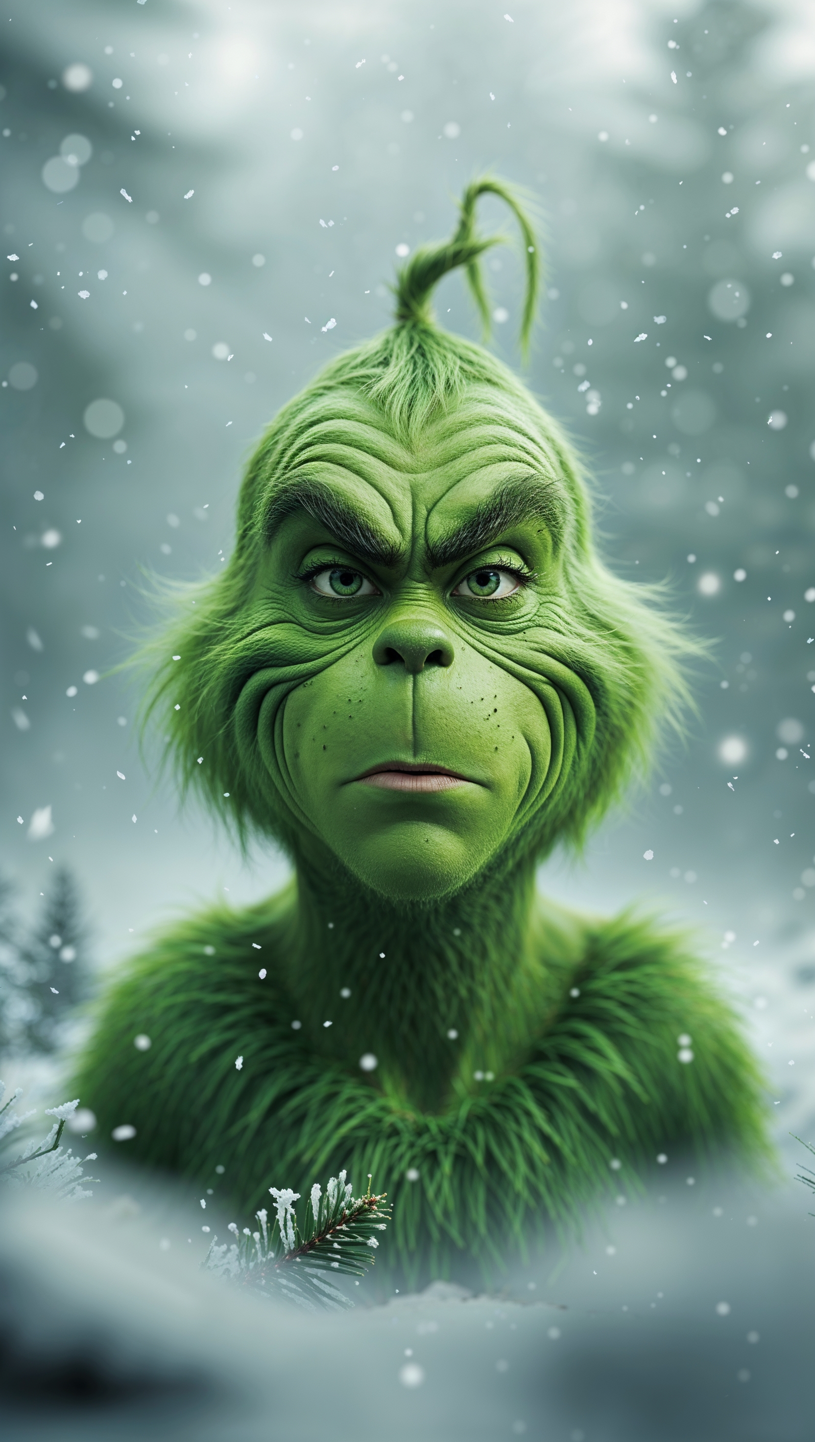 iPhone wallpaper with Grinch and soft foggy snowy background