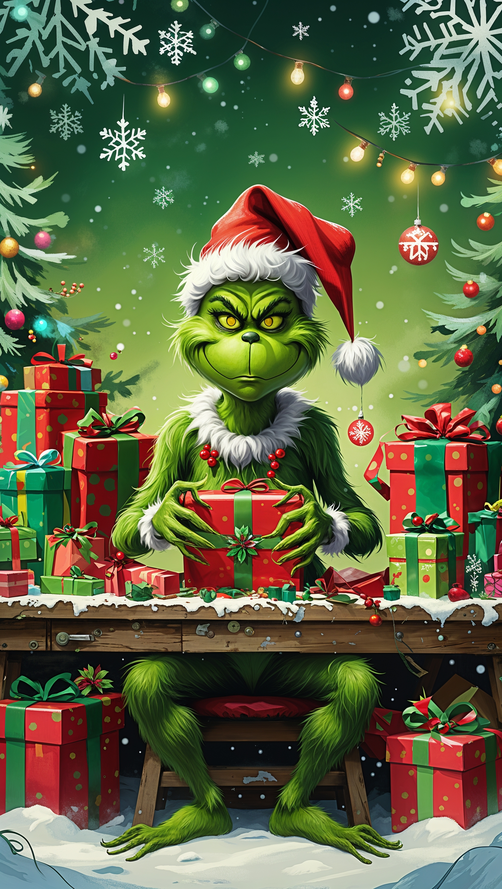 Grinch preparing Christmas gifts for iPhone background