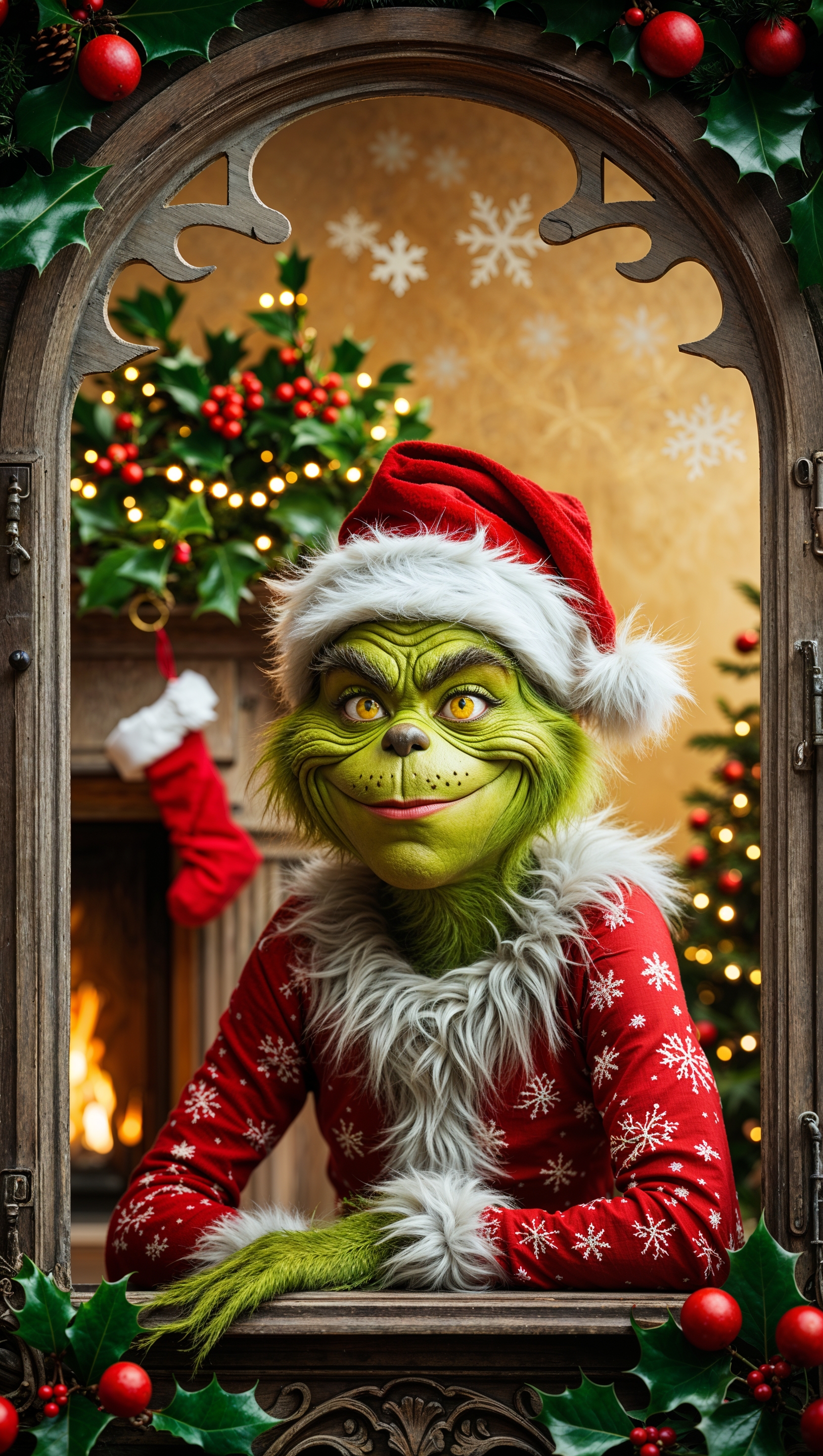 Grinch beside fireplace with Christmas hat for iPhone wallpaper