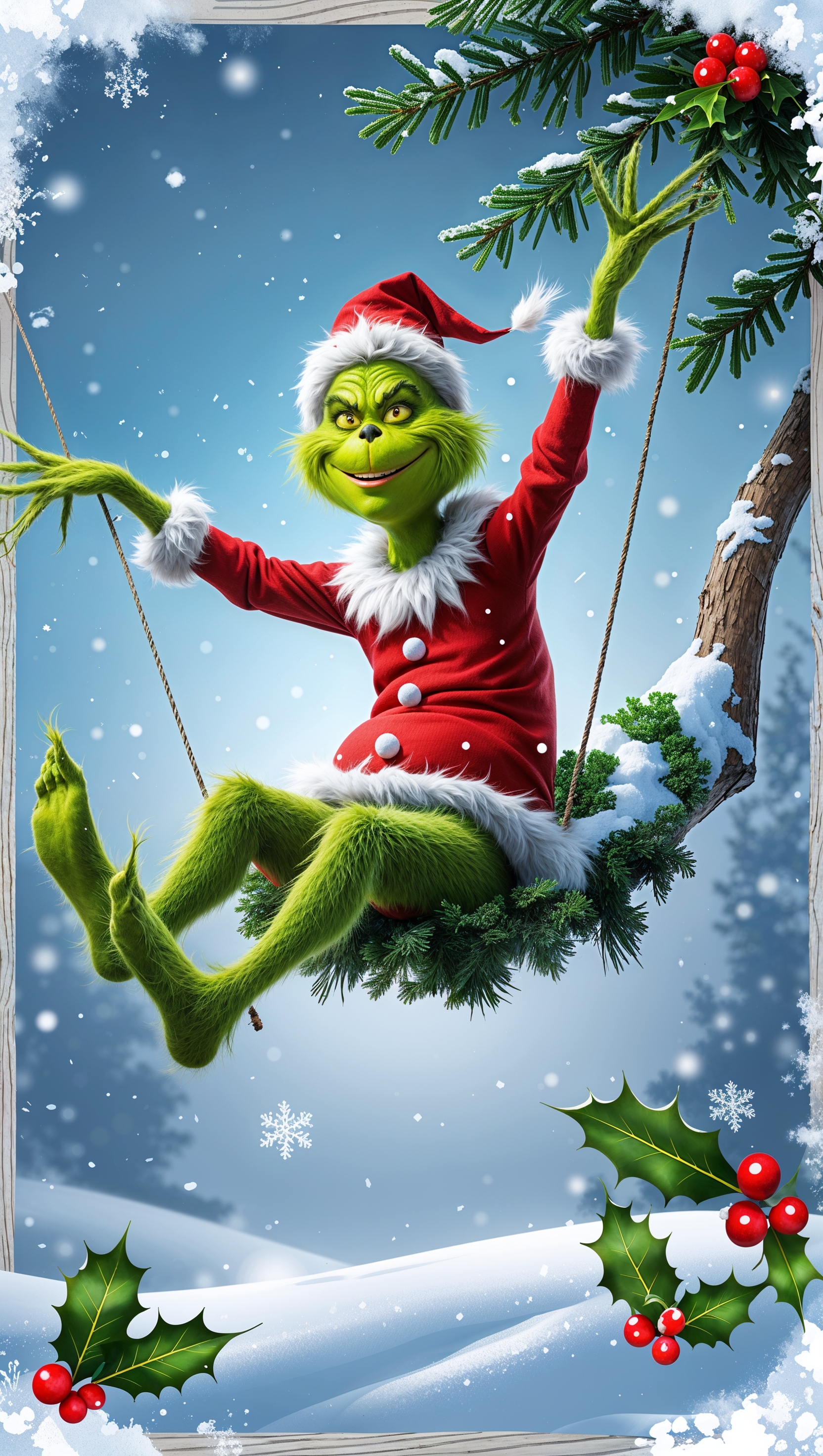 iPhone wallpaper with Grinch swinging on snow