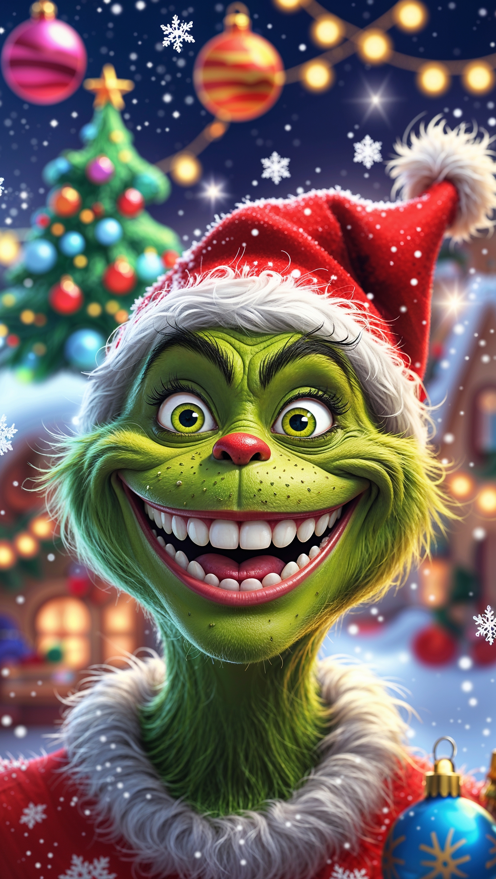 Grinch smiling with bright cartoon Christmas background for iPhone