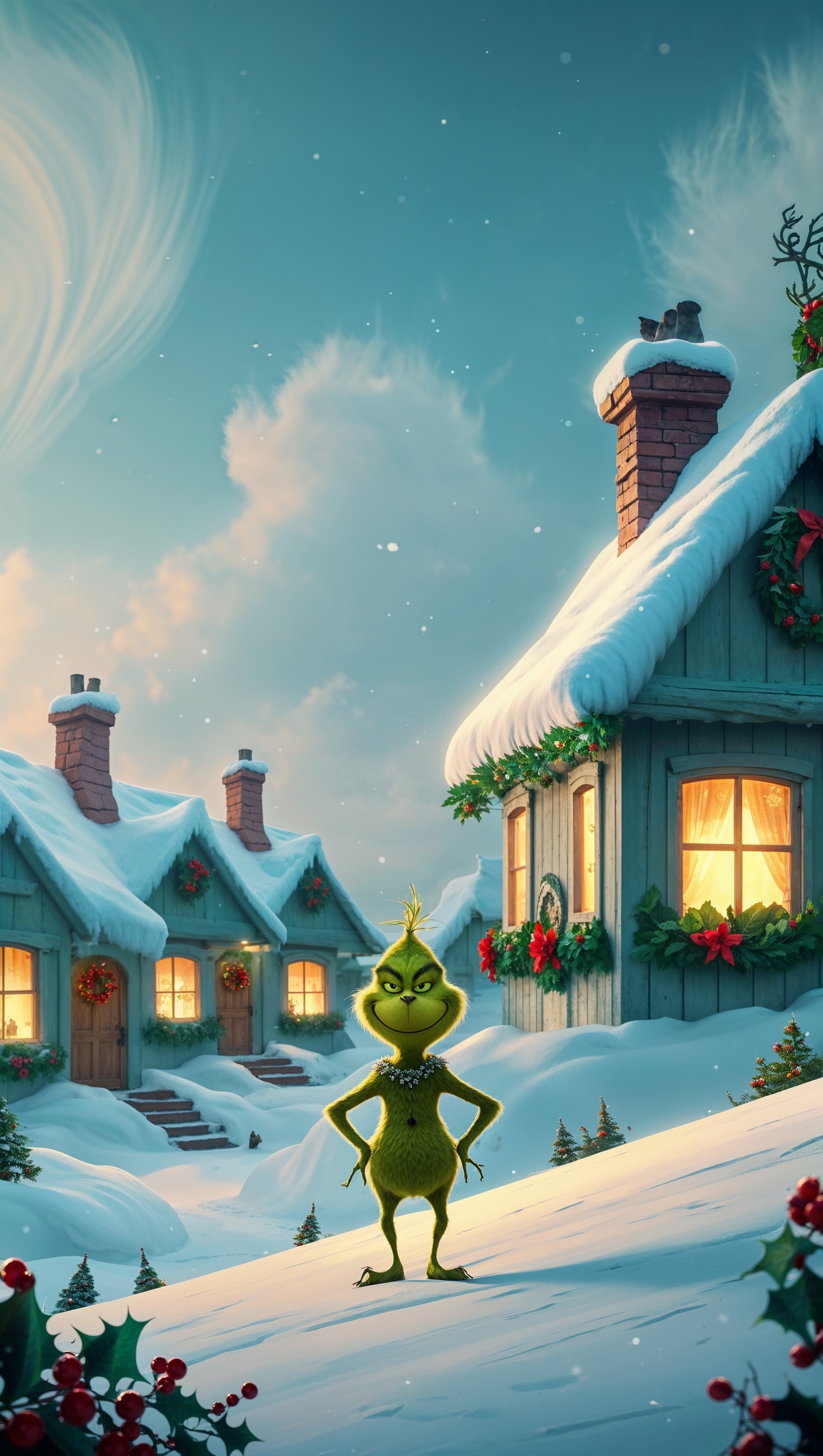 iPhone wallpaper with Grinch and snowy Christmas houses