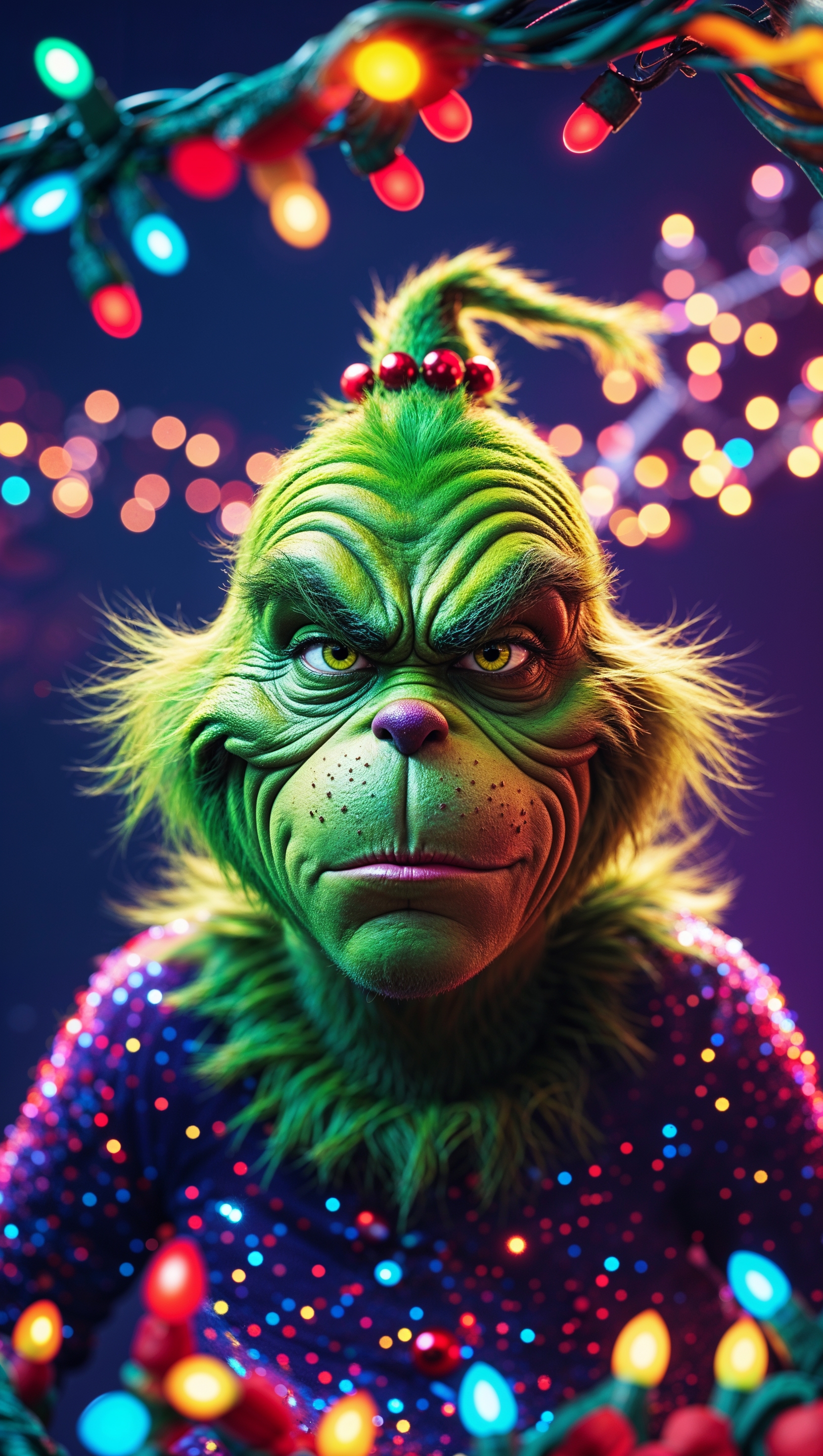 iPhone wallpaper with Grinch and rainbow Christmas lights