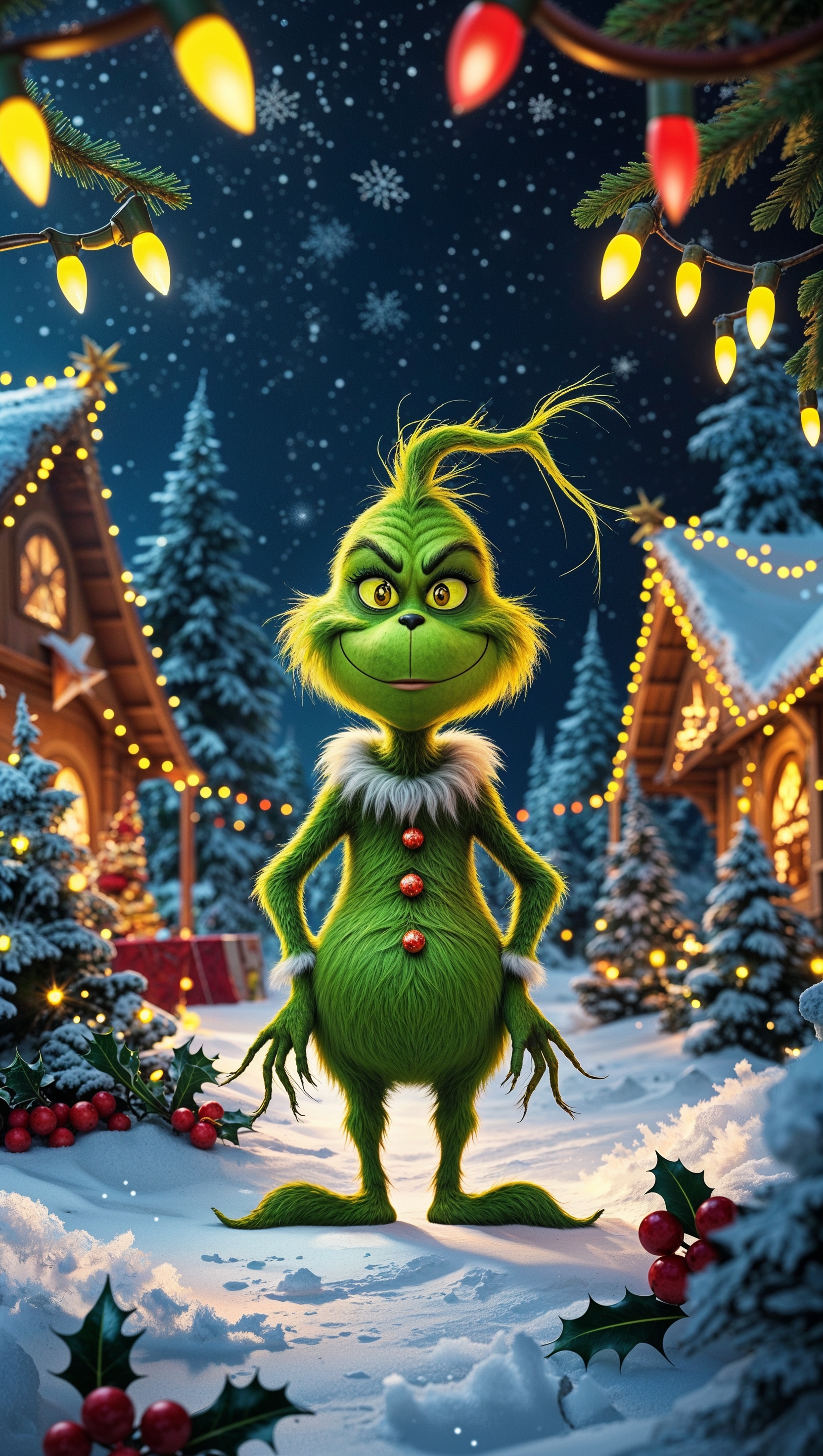 Grinch on Christmas night with yellow and red lights for iPhone wallpaper