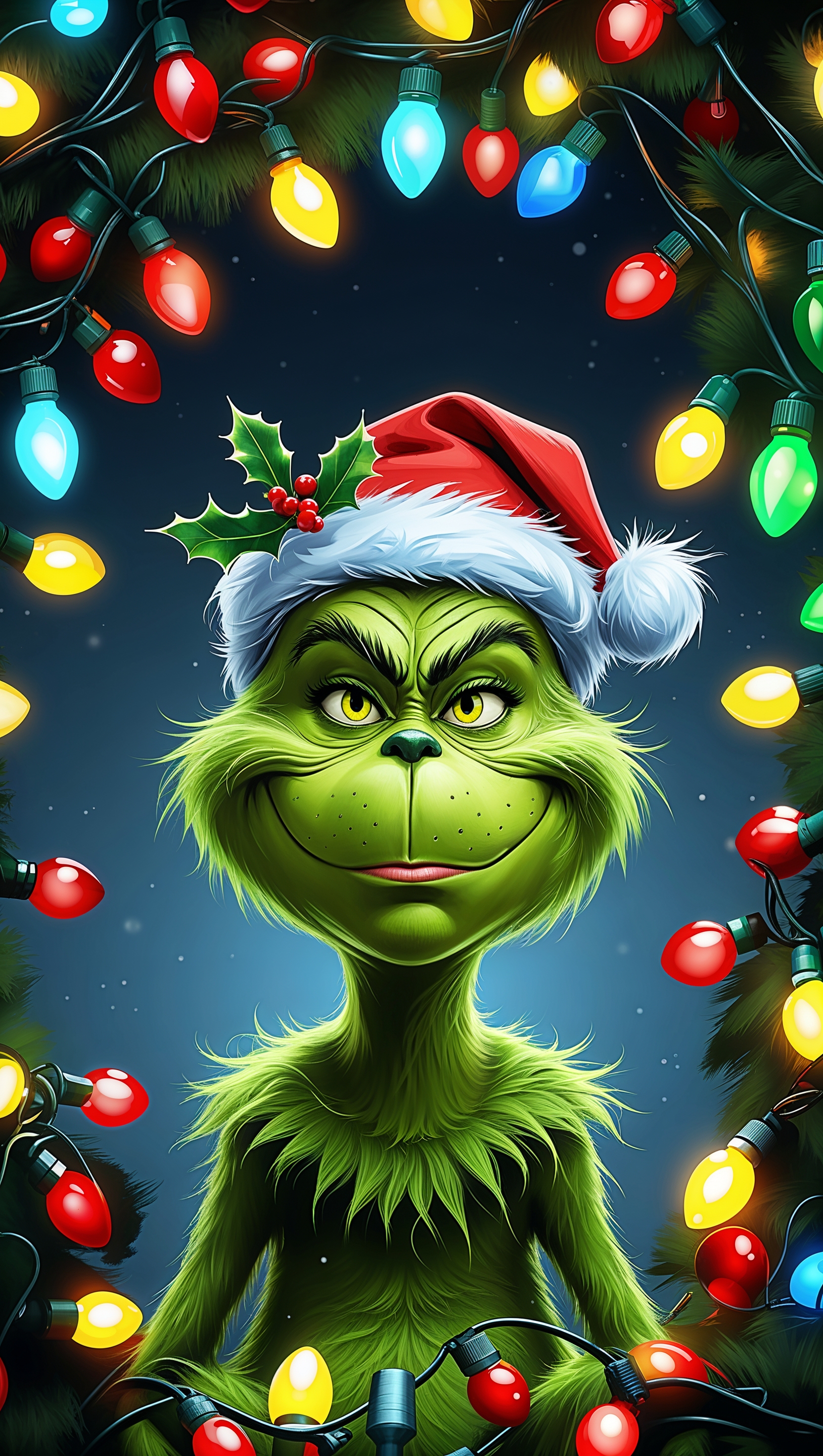 Grinch wearing a Santa hat with colorful Christmas lights for iPhone background