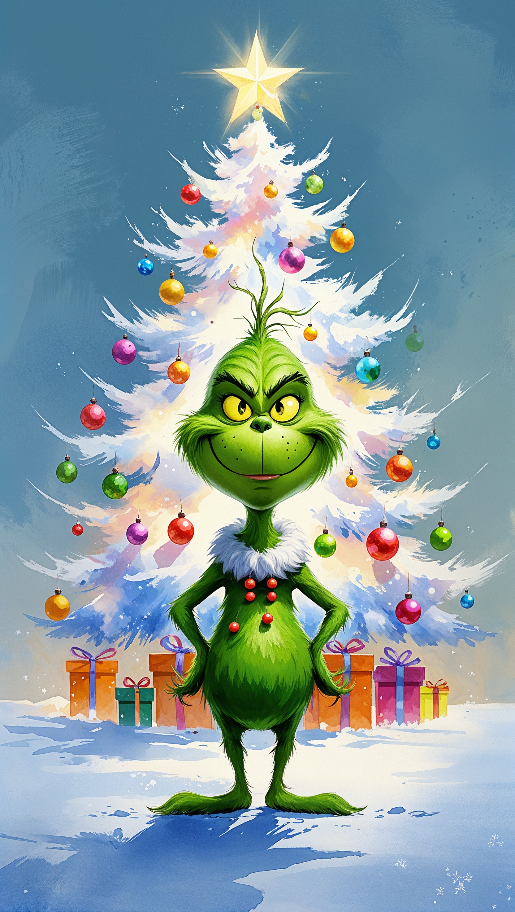 Digital painting style iPhone wallpaper of Grinch and Christmas tree