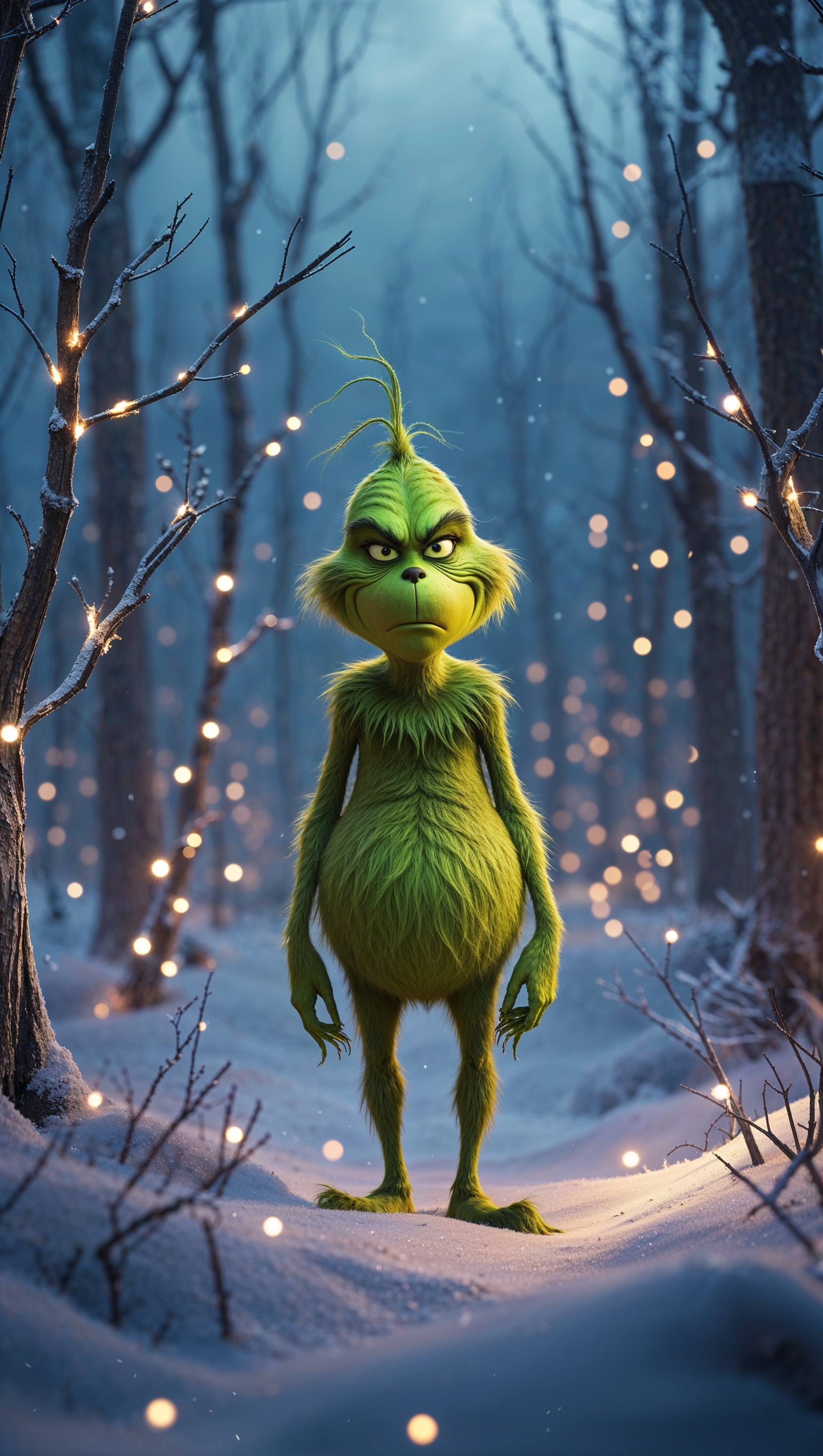iPhone wallpaper of Grinch in a snowy forest with glowing lights