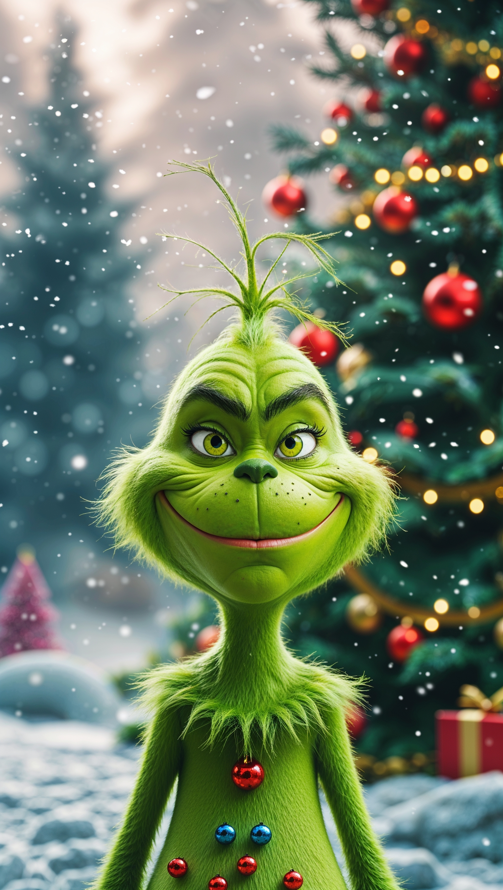 iPhone wallpaper featuring a green Grinch character with a beautiful Christmas background