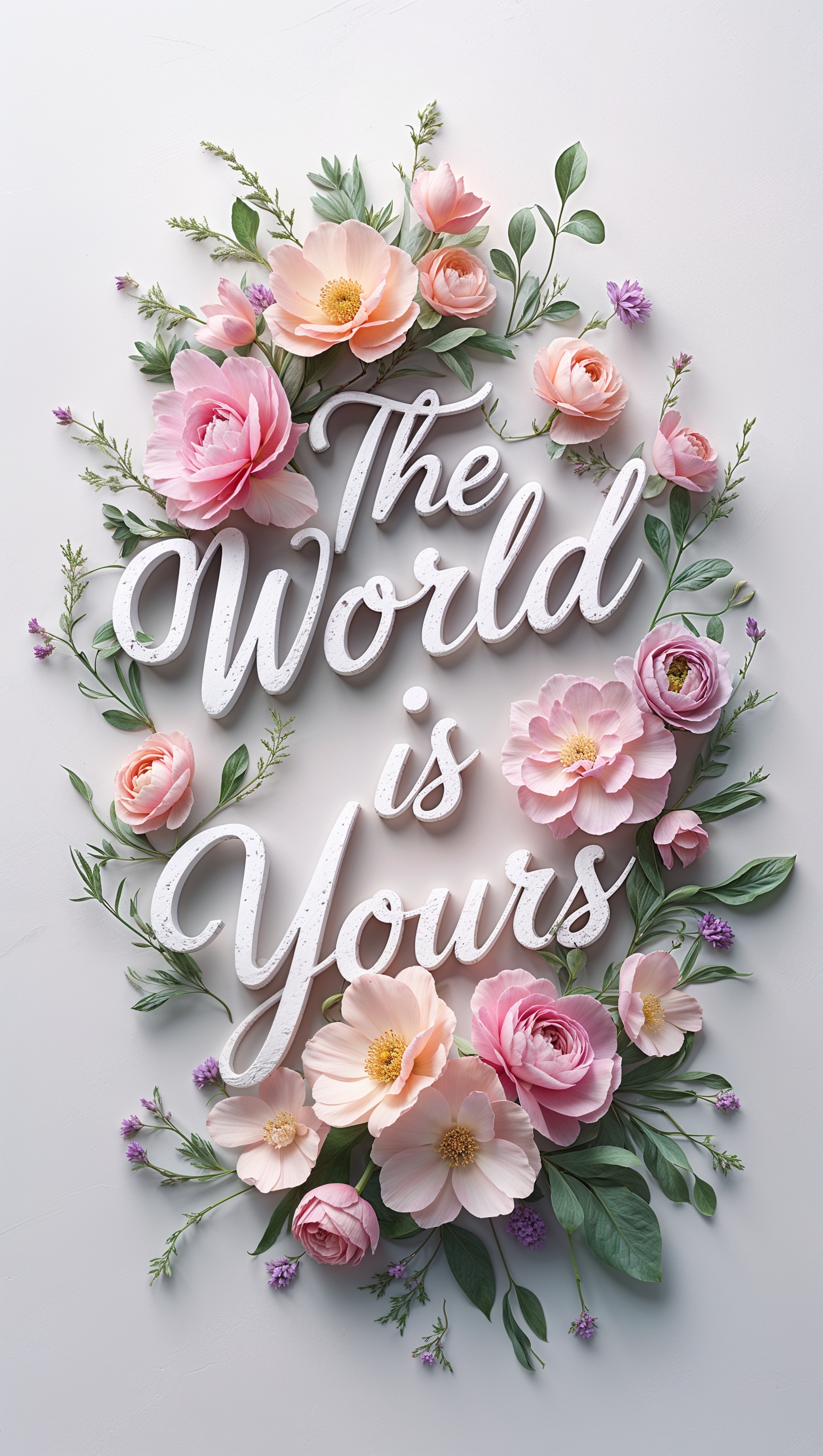 The phrase "The World Is Yours" made of flowers on a white background, iPhone wallpaper