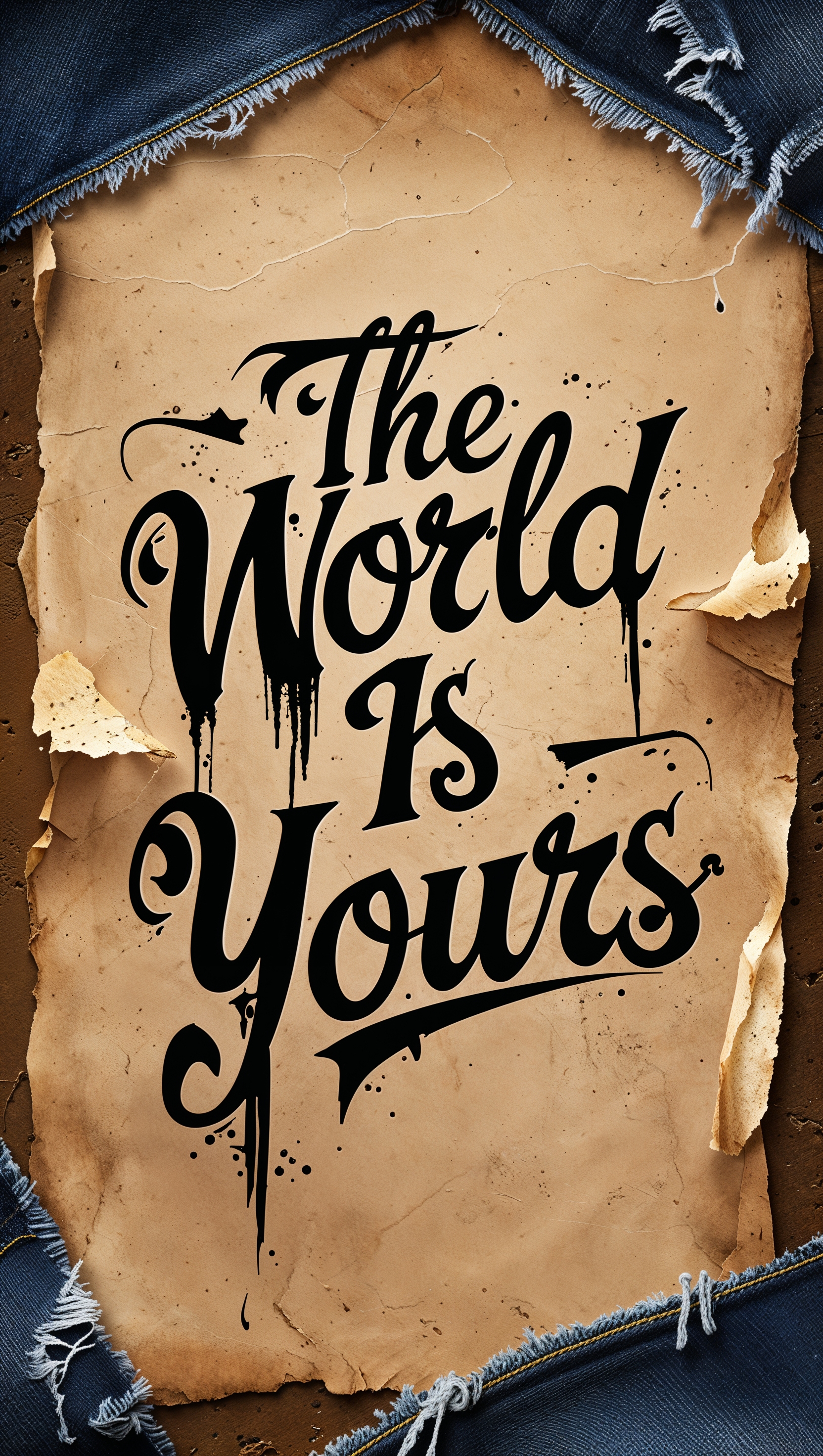 The World Is Yours" as a tattoo design on textured paper, iPhone wallpaper
