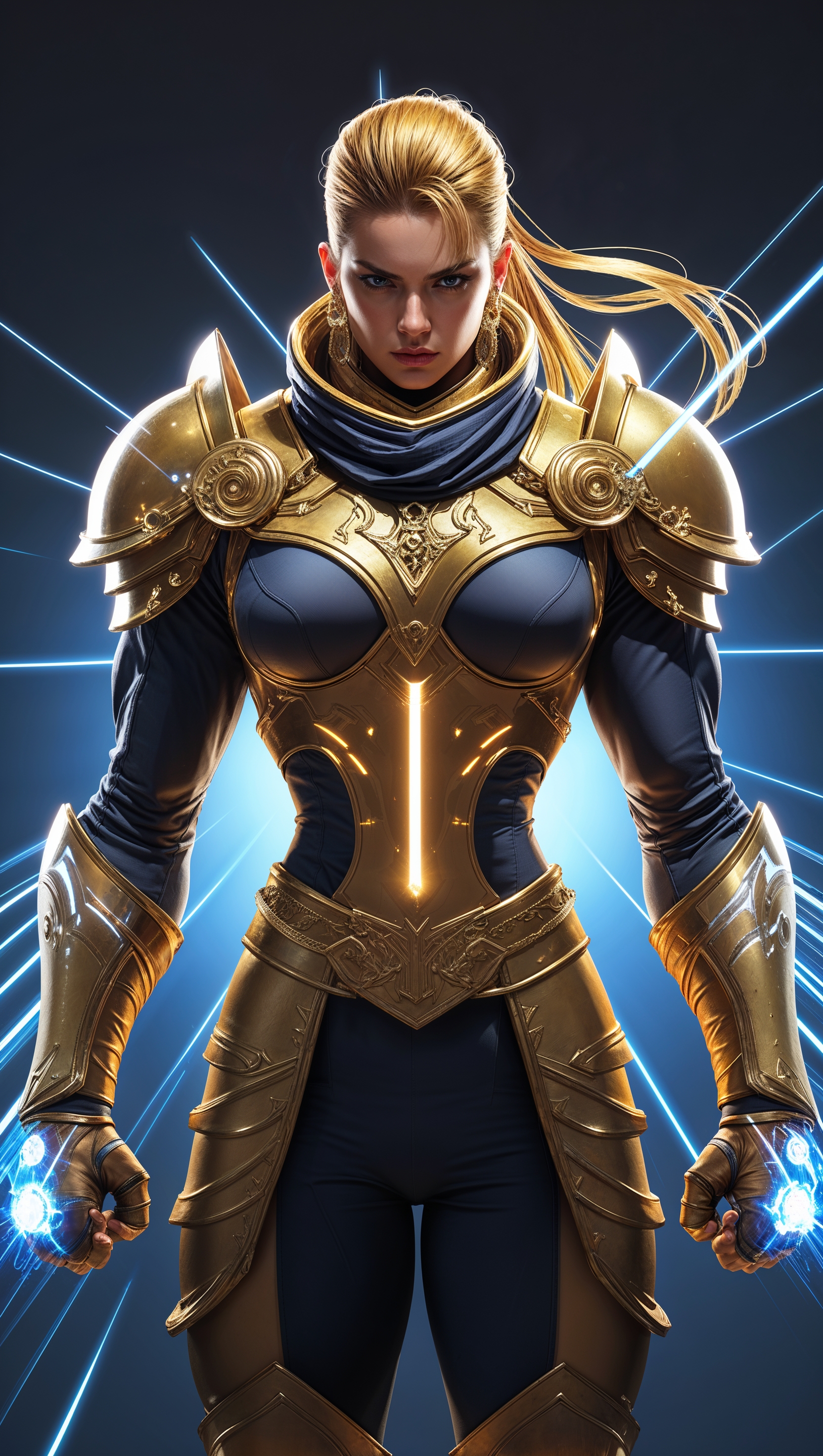 Fighter in golden gear with laser light effects