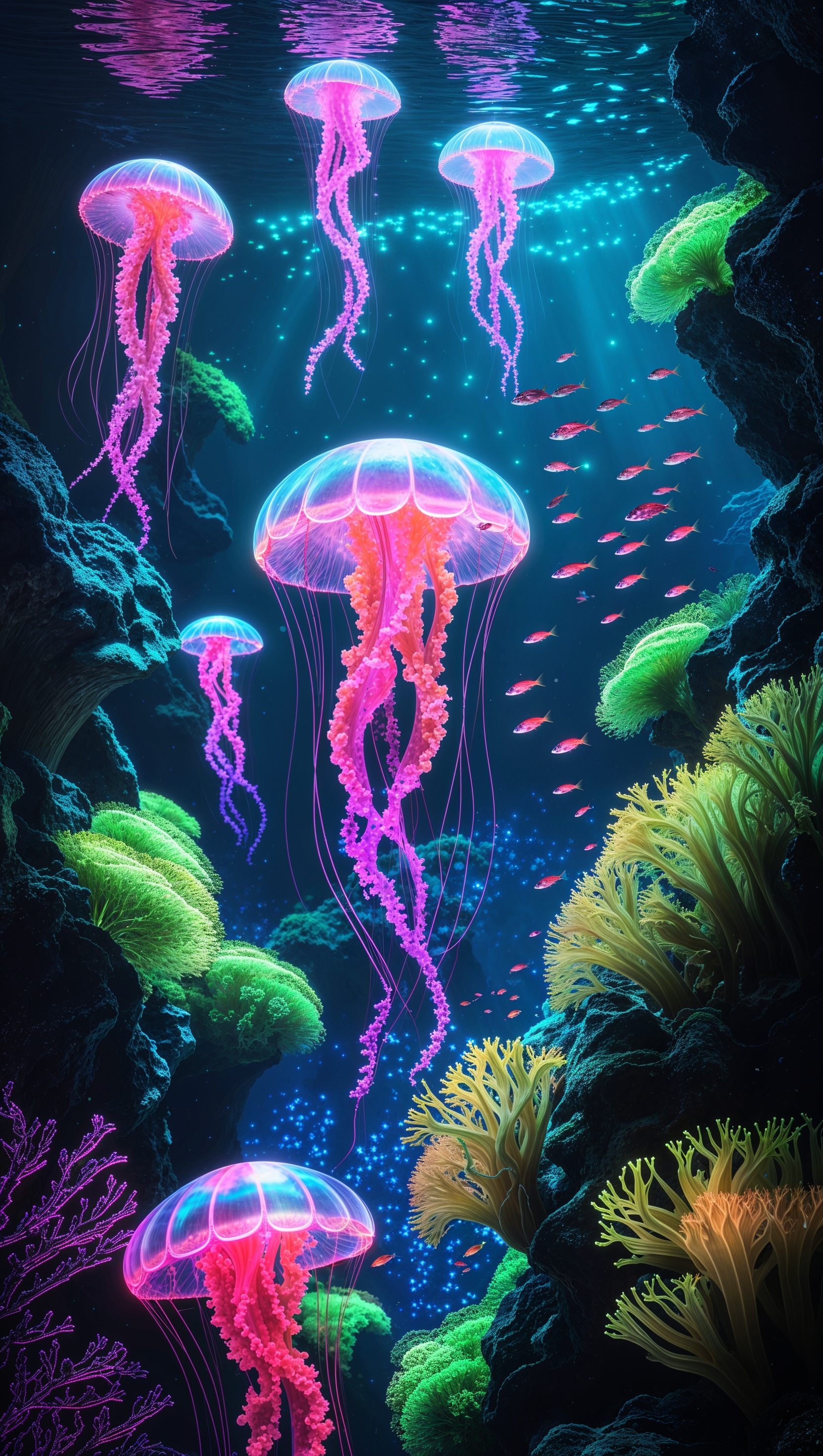 Fantasy-inspired underwater world with neon colors