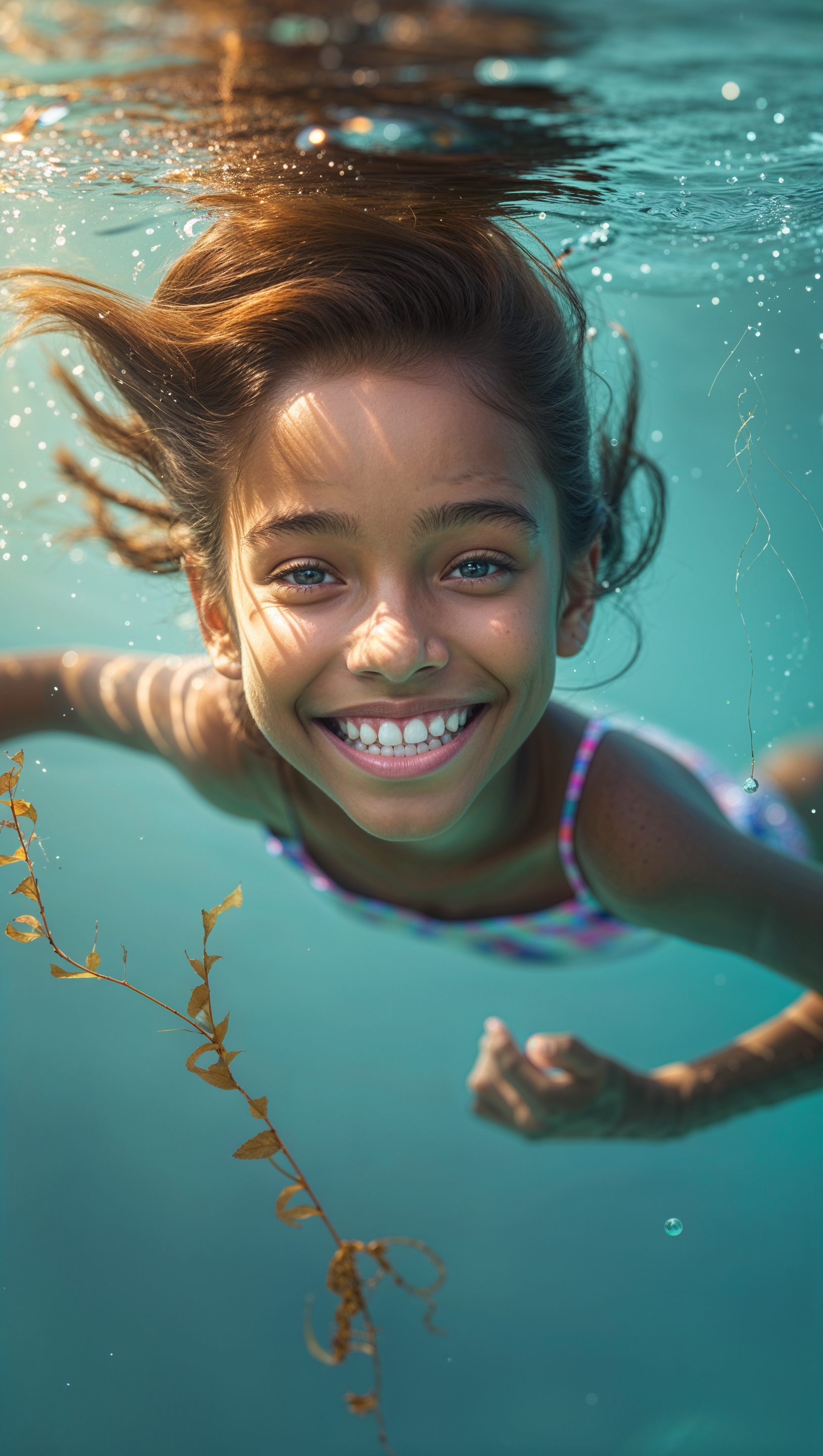 A smiling child or teen underwater