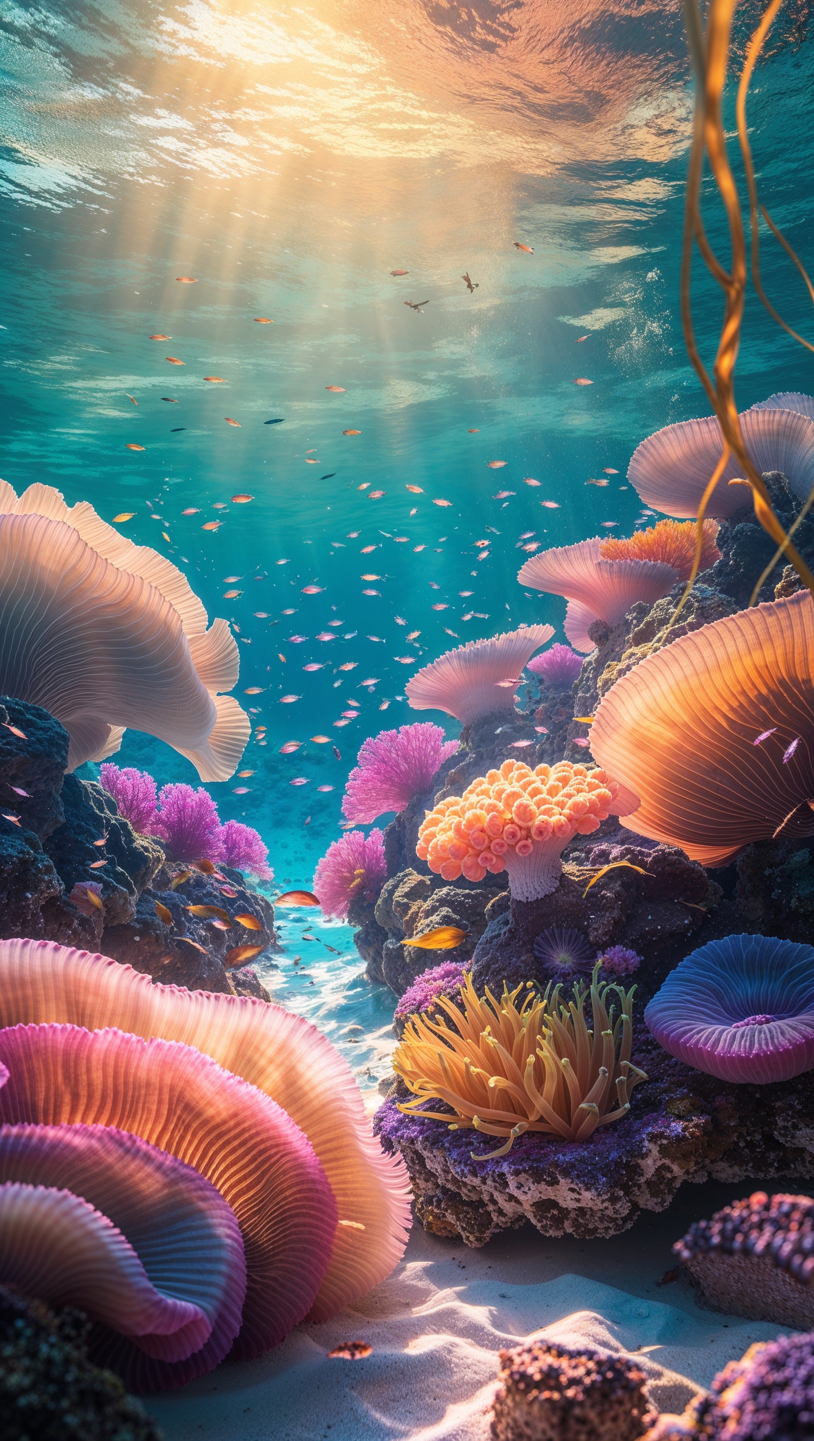 A view of glowing coral reefs underwater