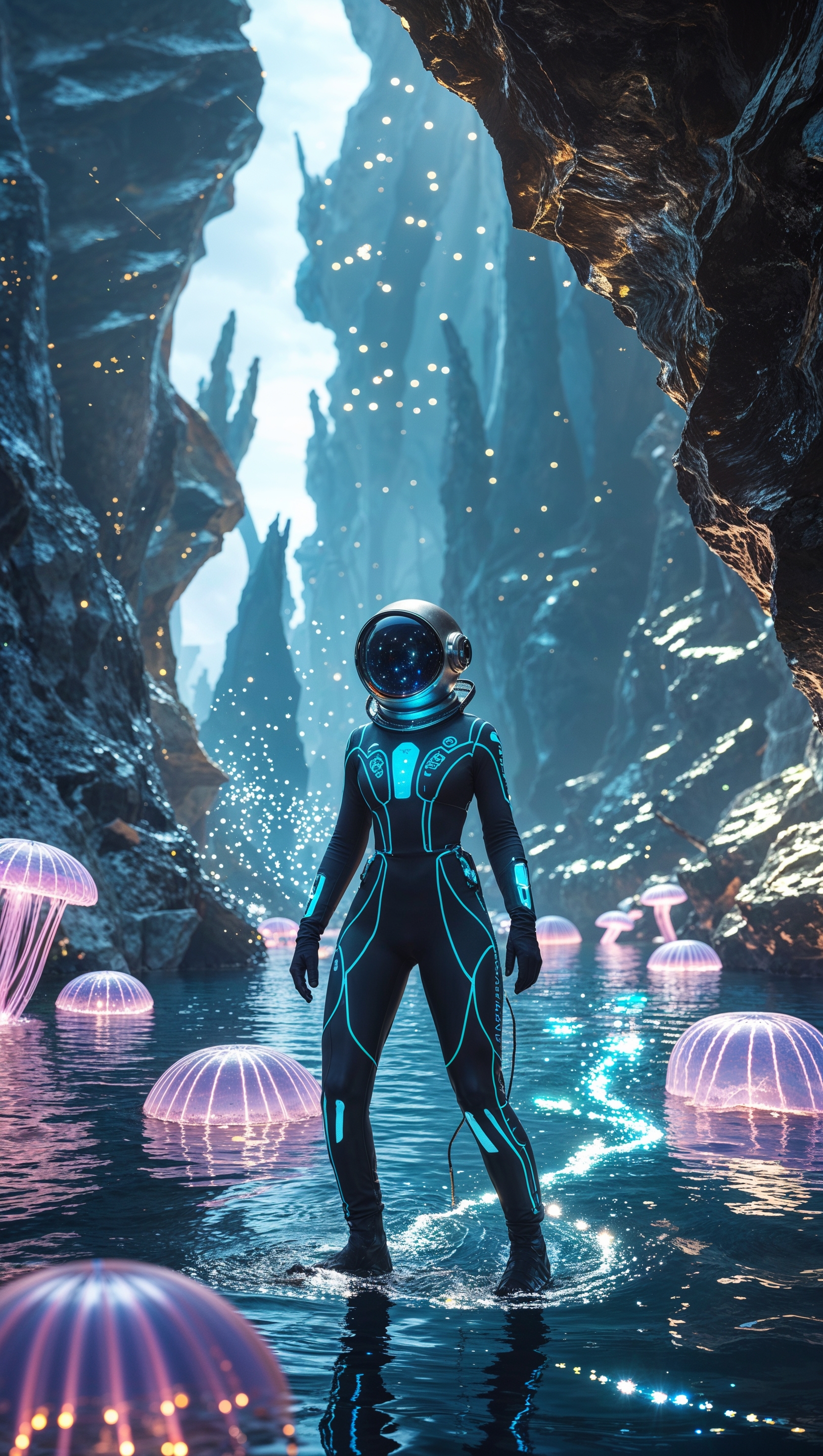 Space diver in a sci-fi underwater world