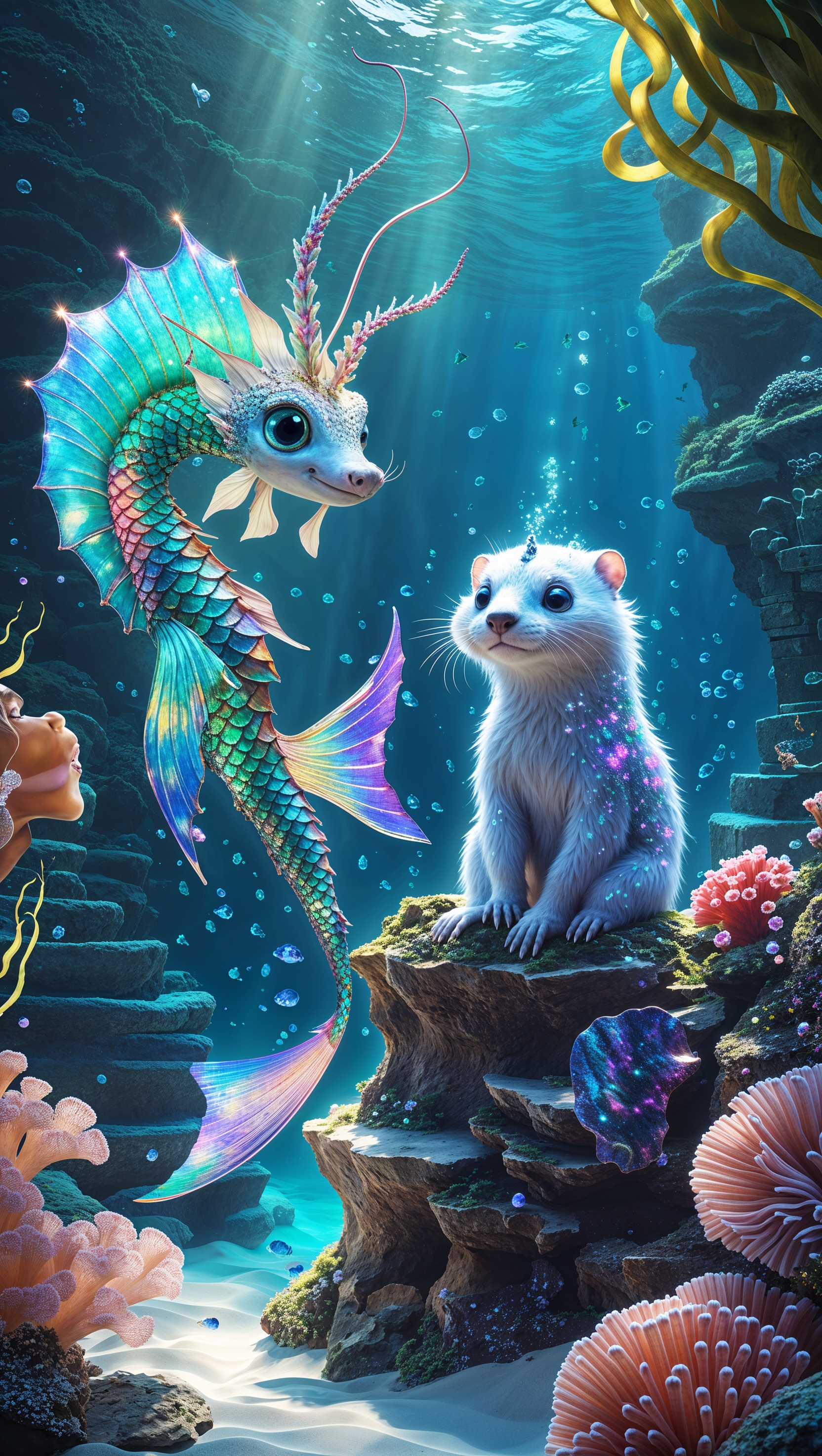 Imaginary underwater world with fantasy creatures