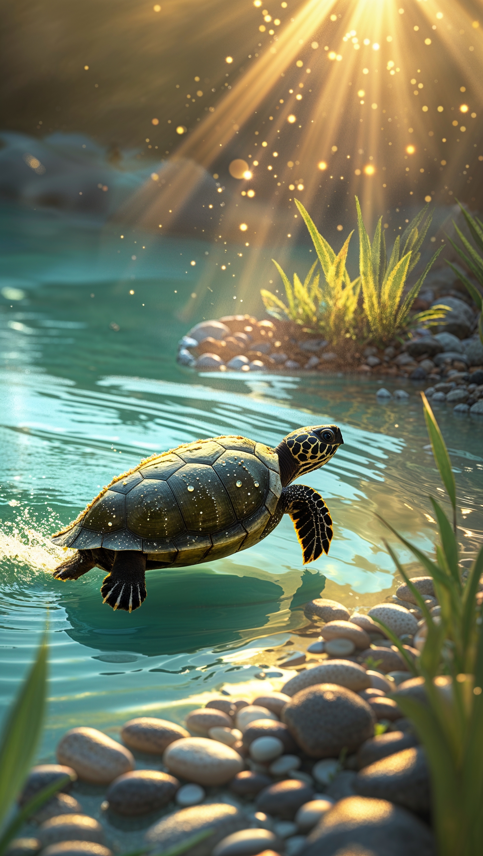 A turtle swimming toward sunlight in shallow water