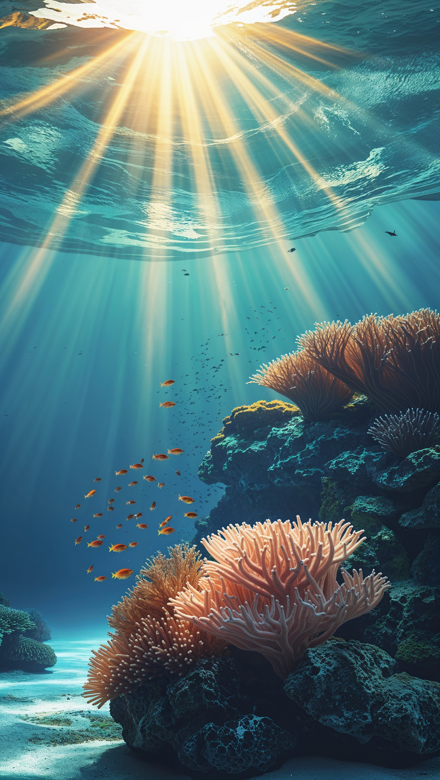 Sunlight streaming down to coral from water surface