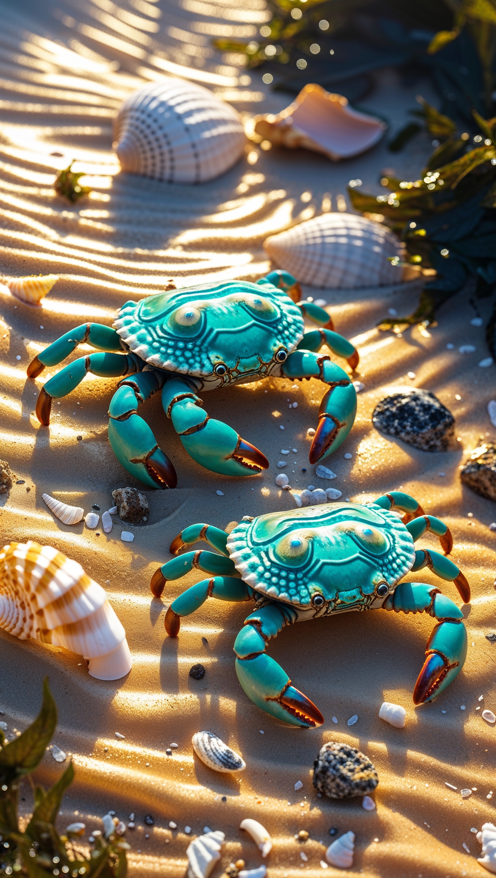 Crabs crawling on the sandy sea floor