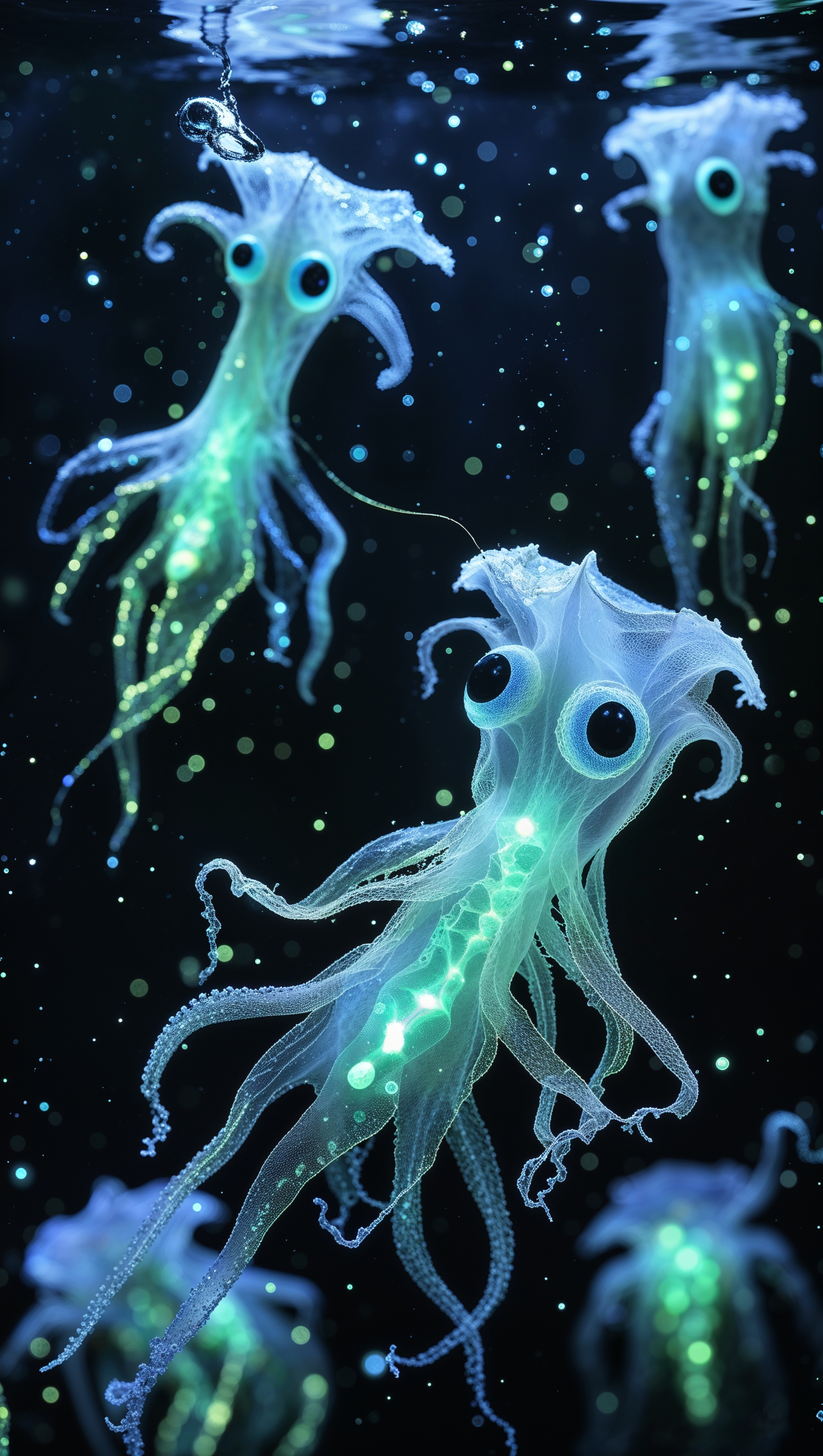 Transparent sea creatures in the dark underwater