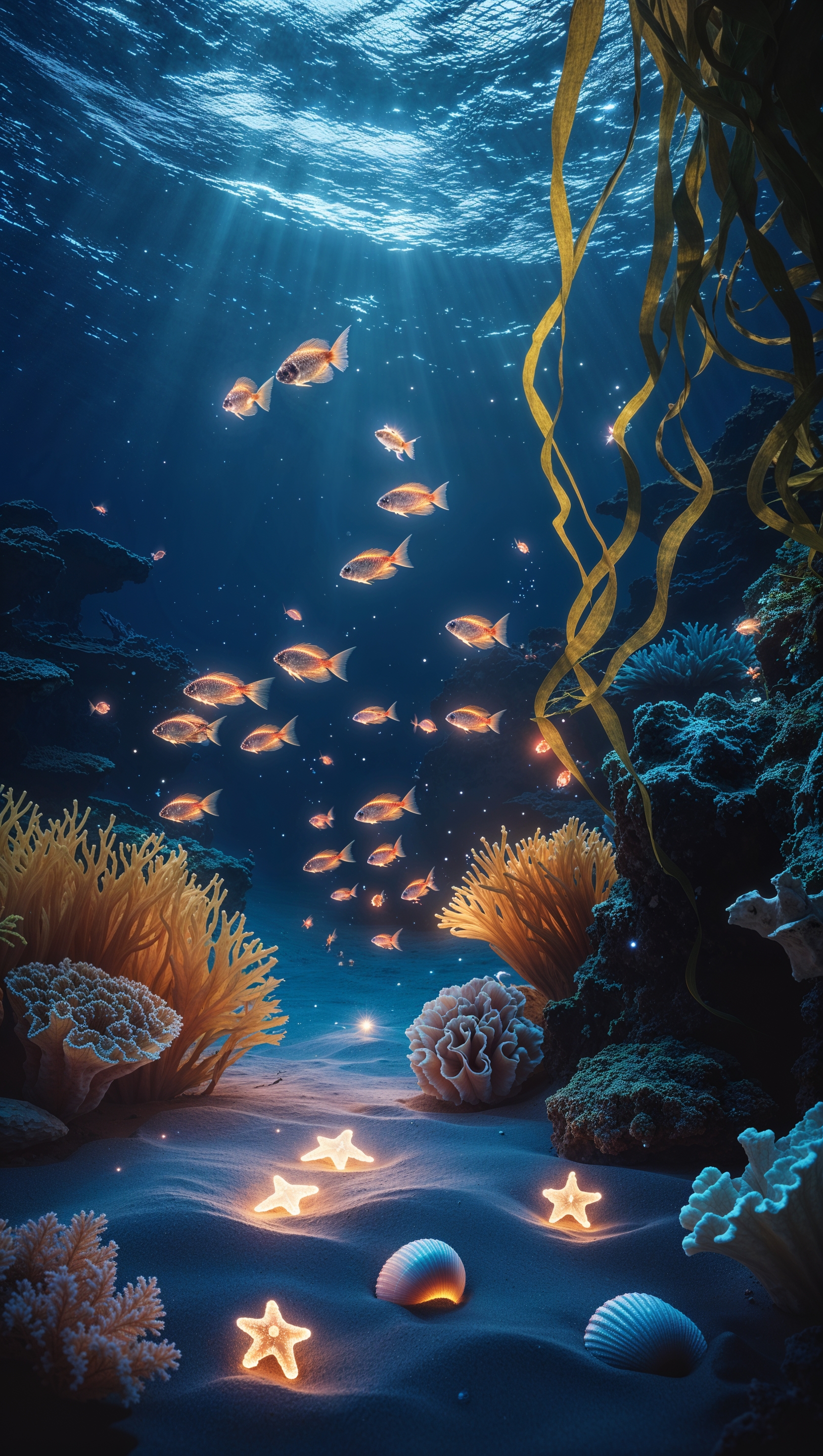Underwater night scene with moonlight from above