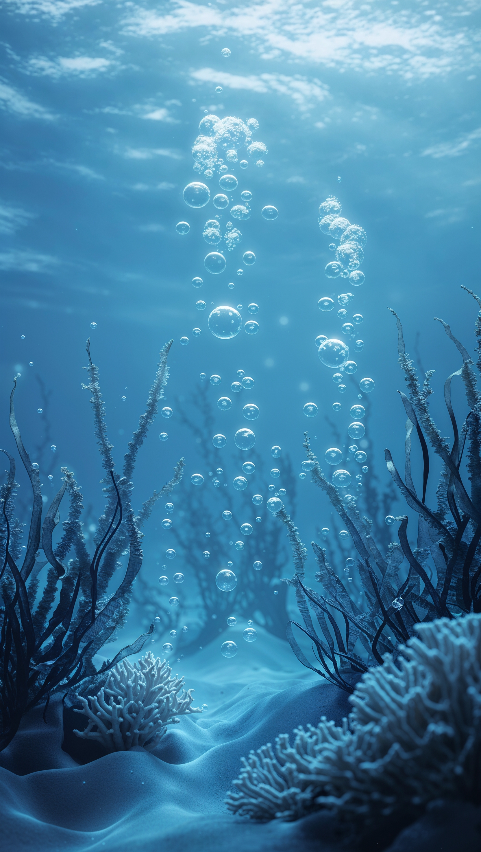 A calm underwater scene with soft blue light and bubbles
