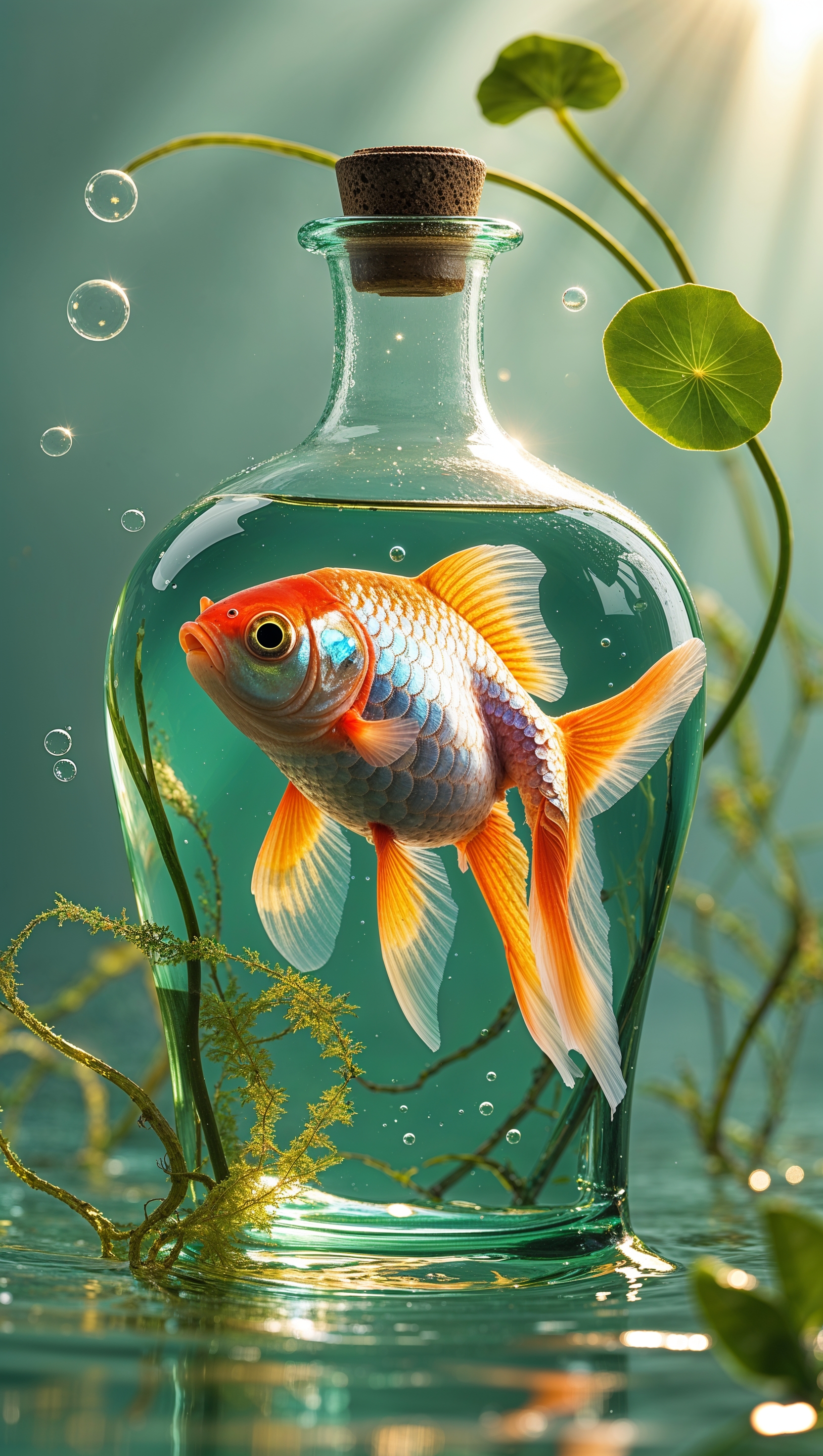 A goldfish inside a glass bottle underwater