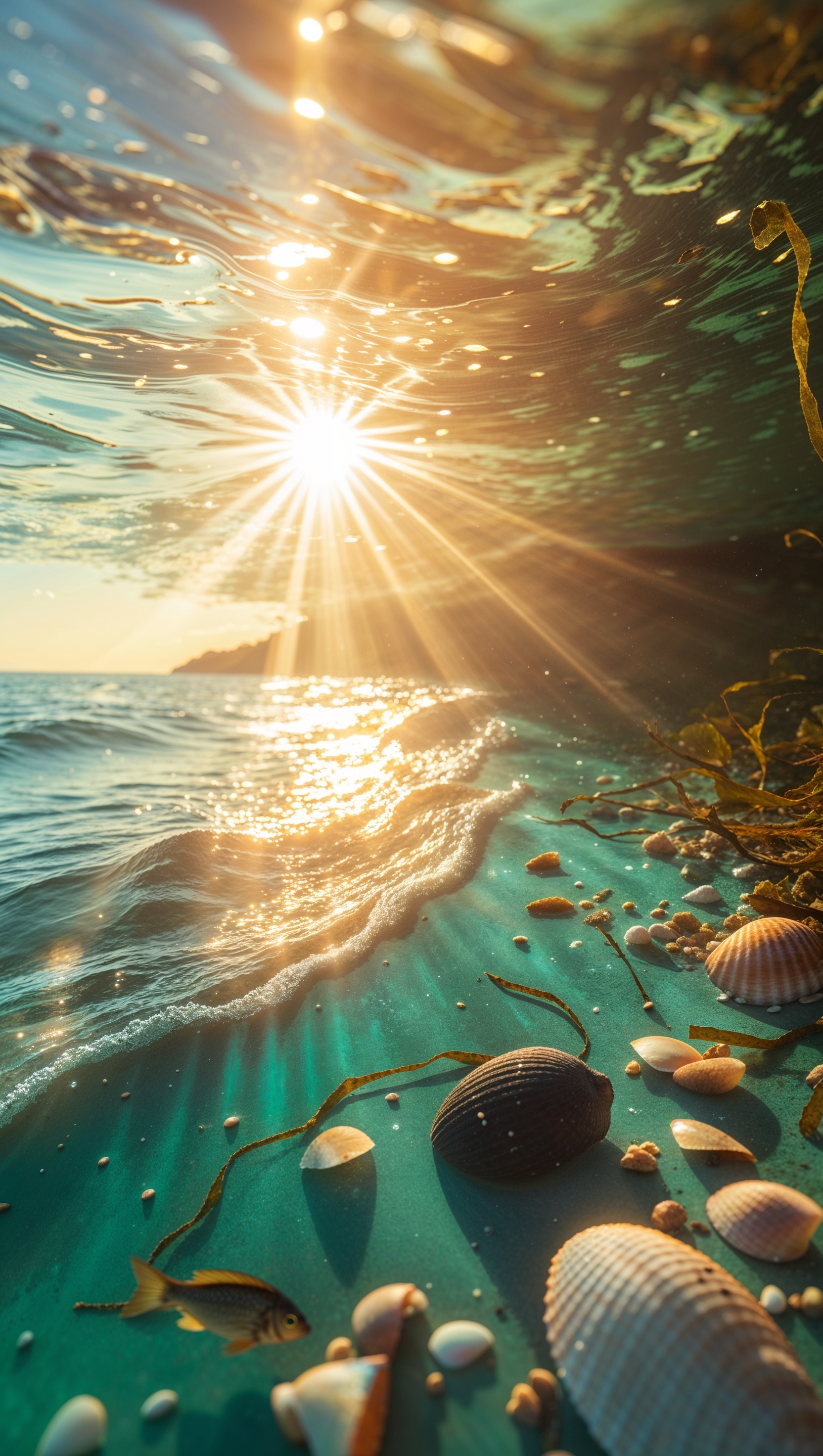 Underwater view of a beach with sunlight shining in