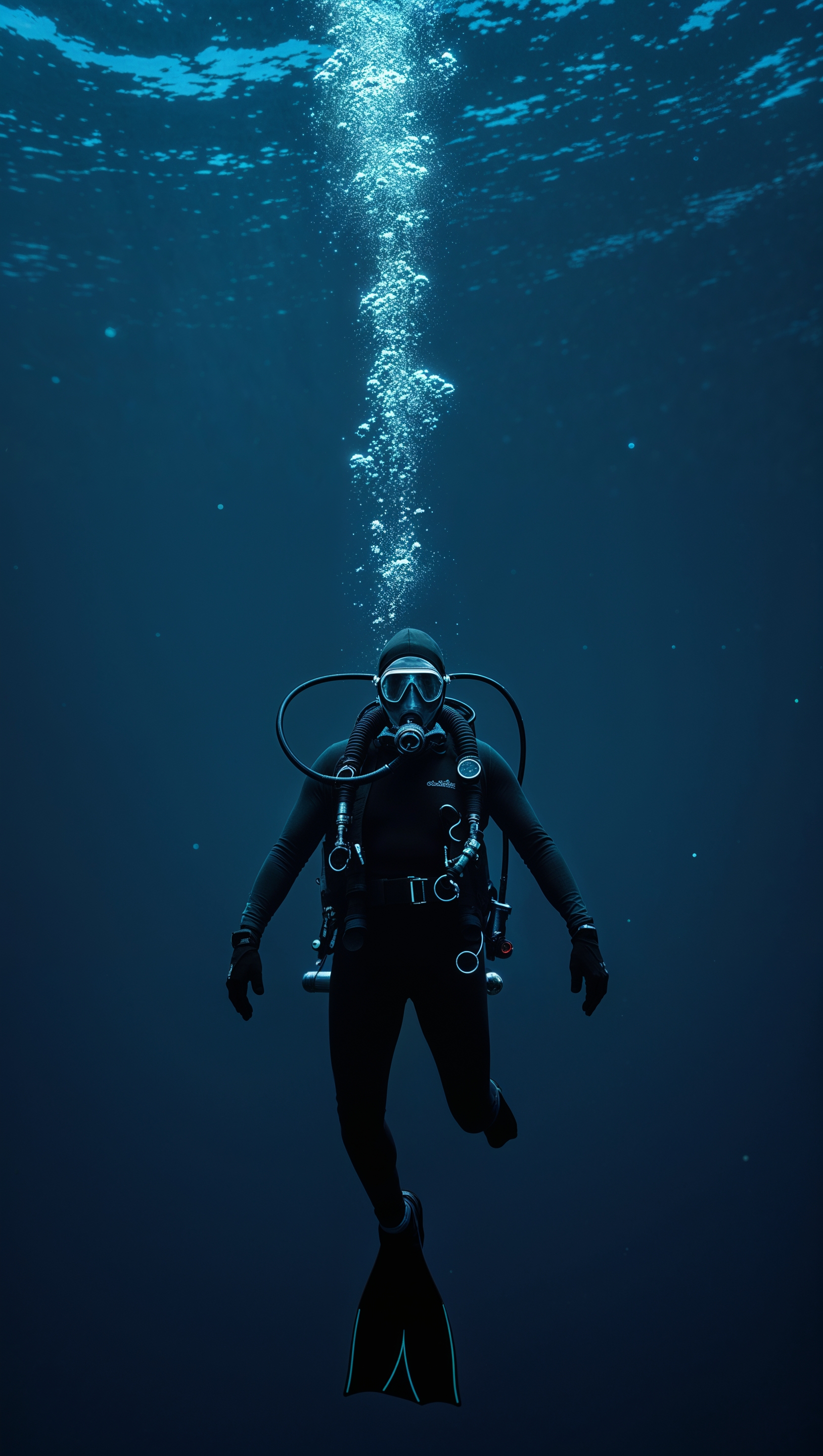 Minimalist image of a lone diver in deep sea