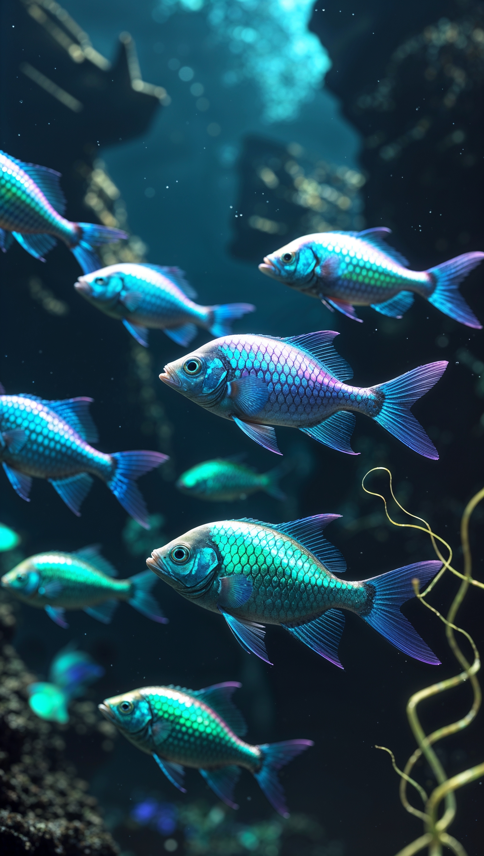 Glowing fish in the darkness of the ocean depths