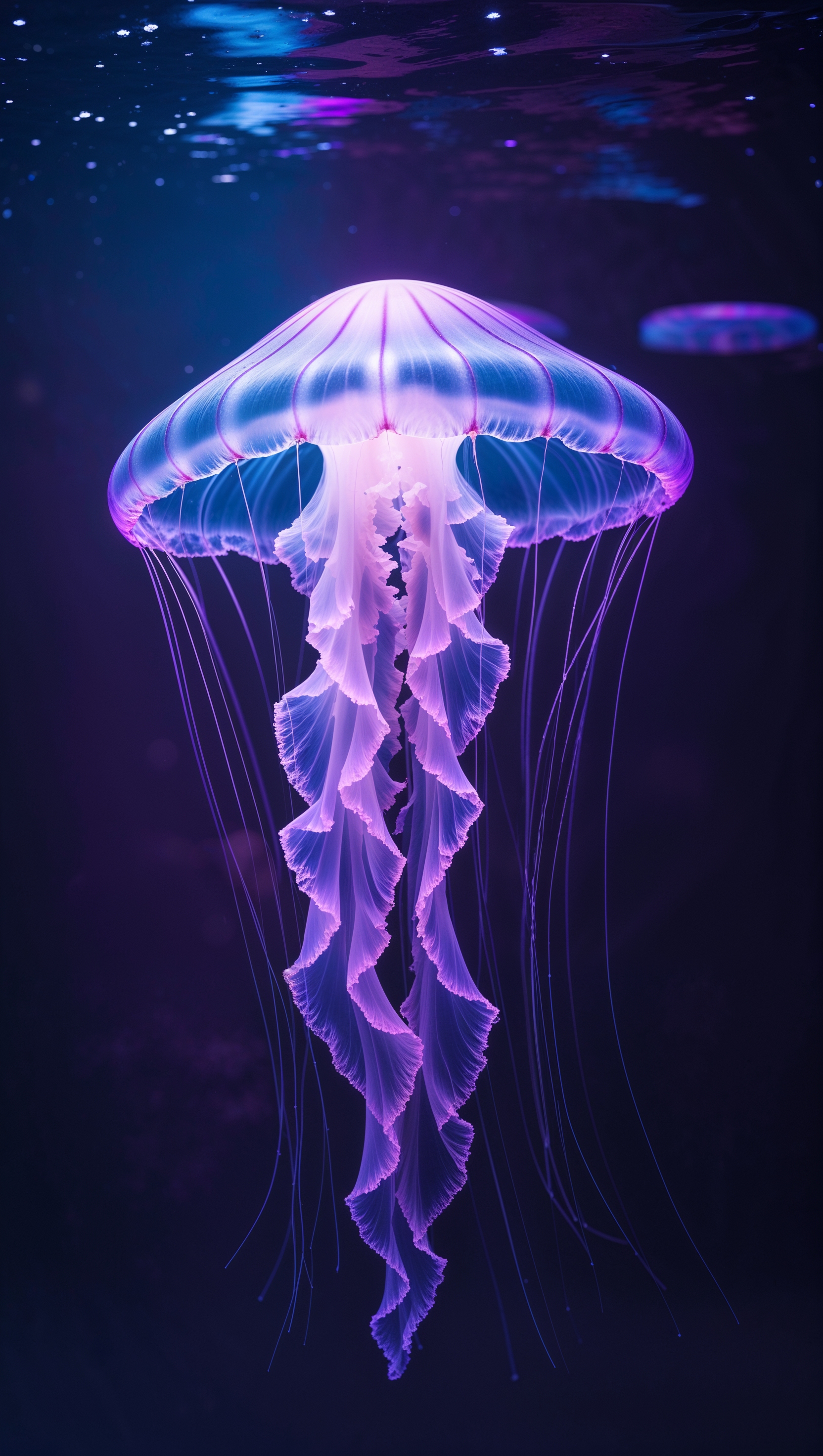Artistic photo of jellyfish with purple and blue lights