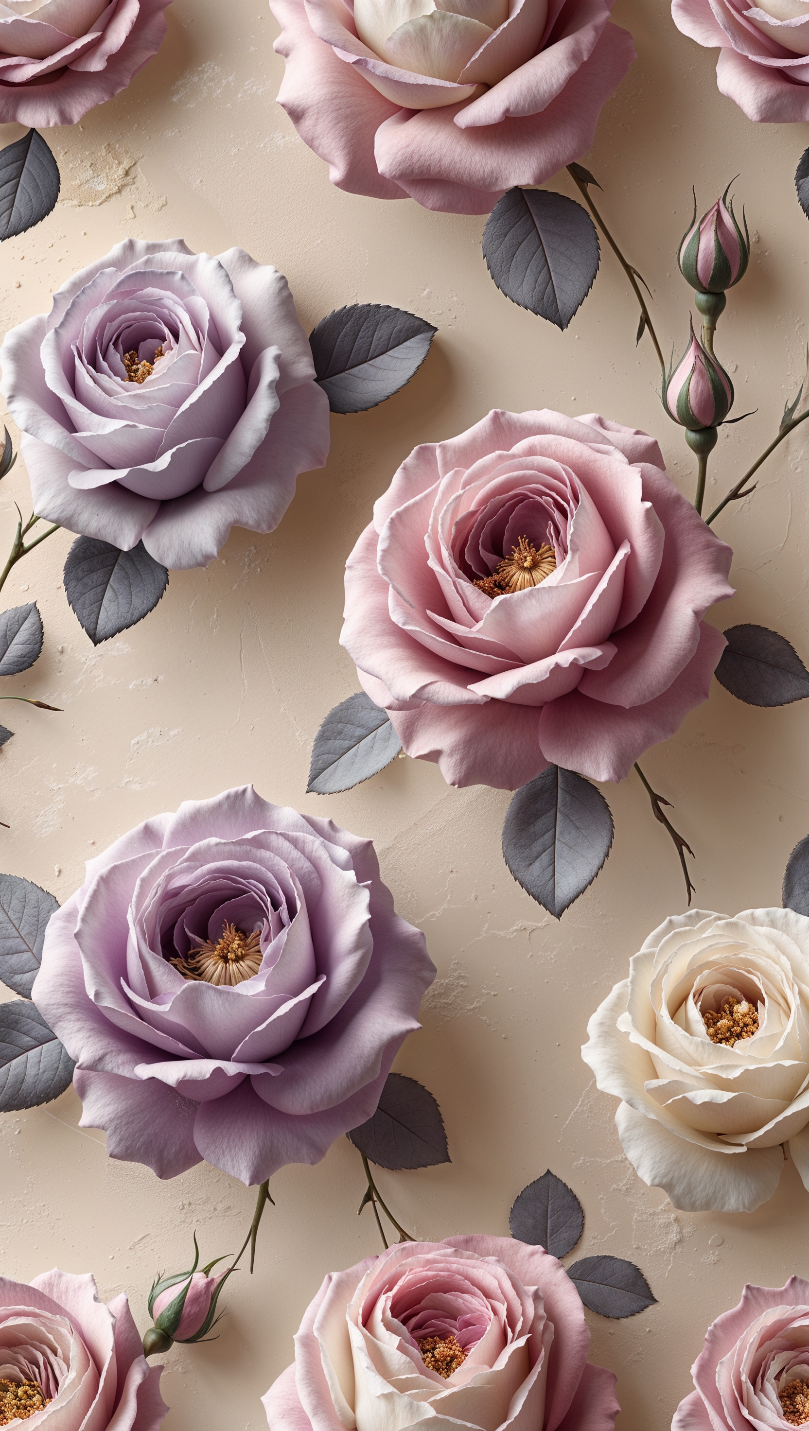 A seamless pattern of vintage roses on a soft beige background, perfect for iPhone wallpaper