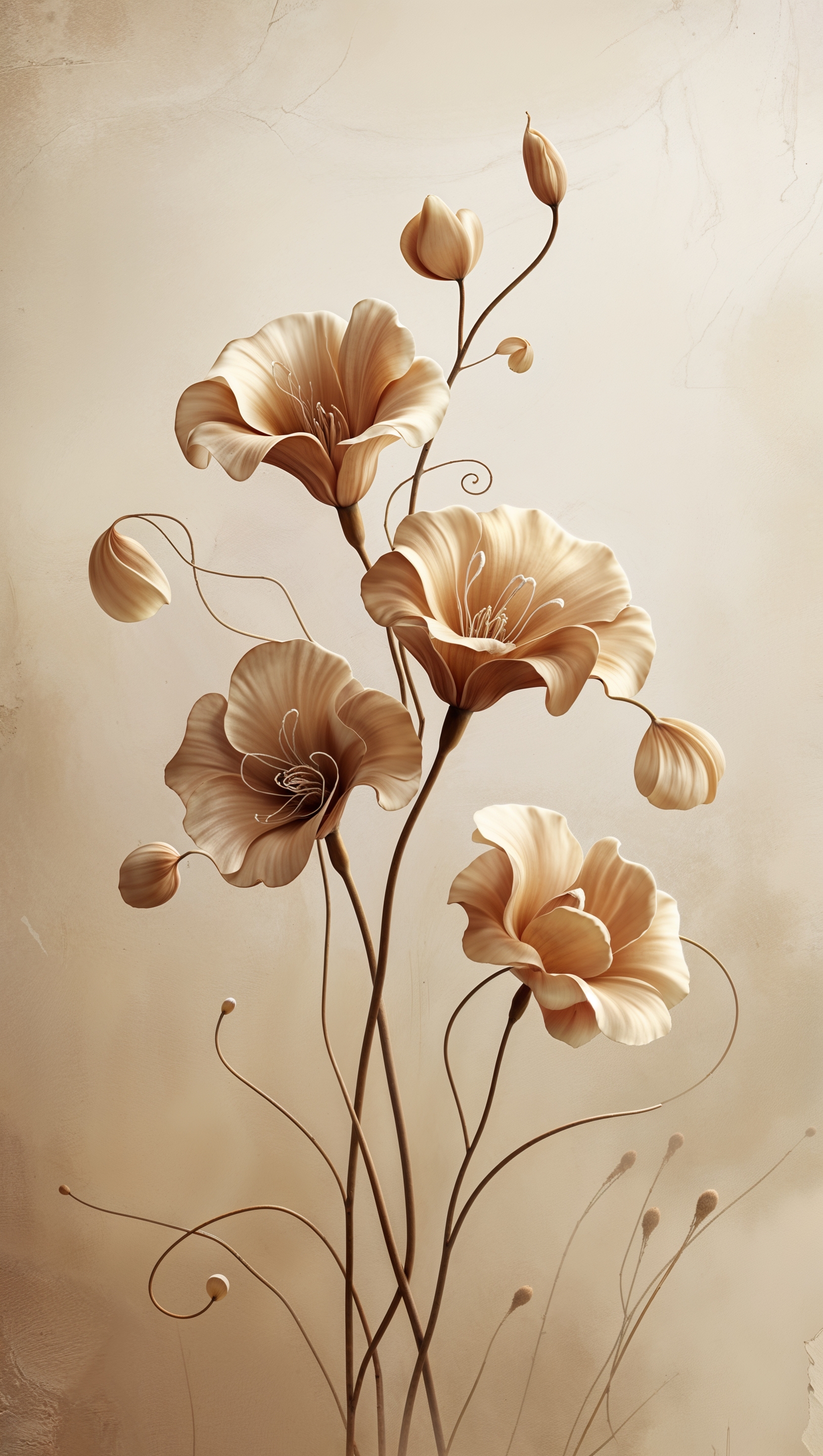 Monochrome vintage flowers in sepia tones, minimalist background