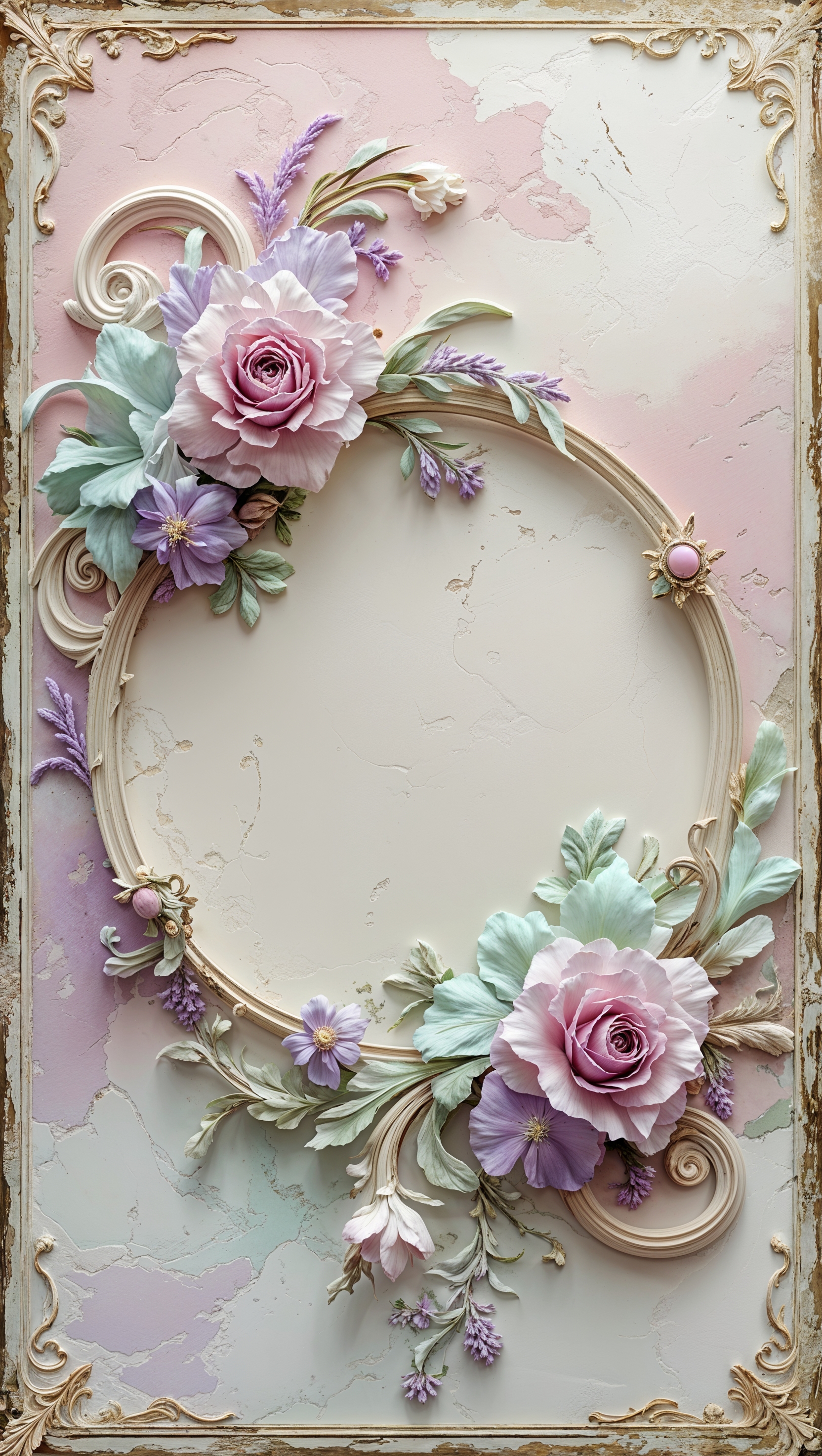 Vintage floral frame with empty center for phone icons, elegant and soft