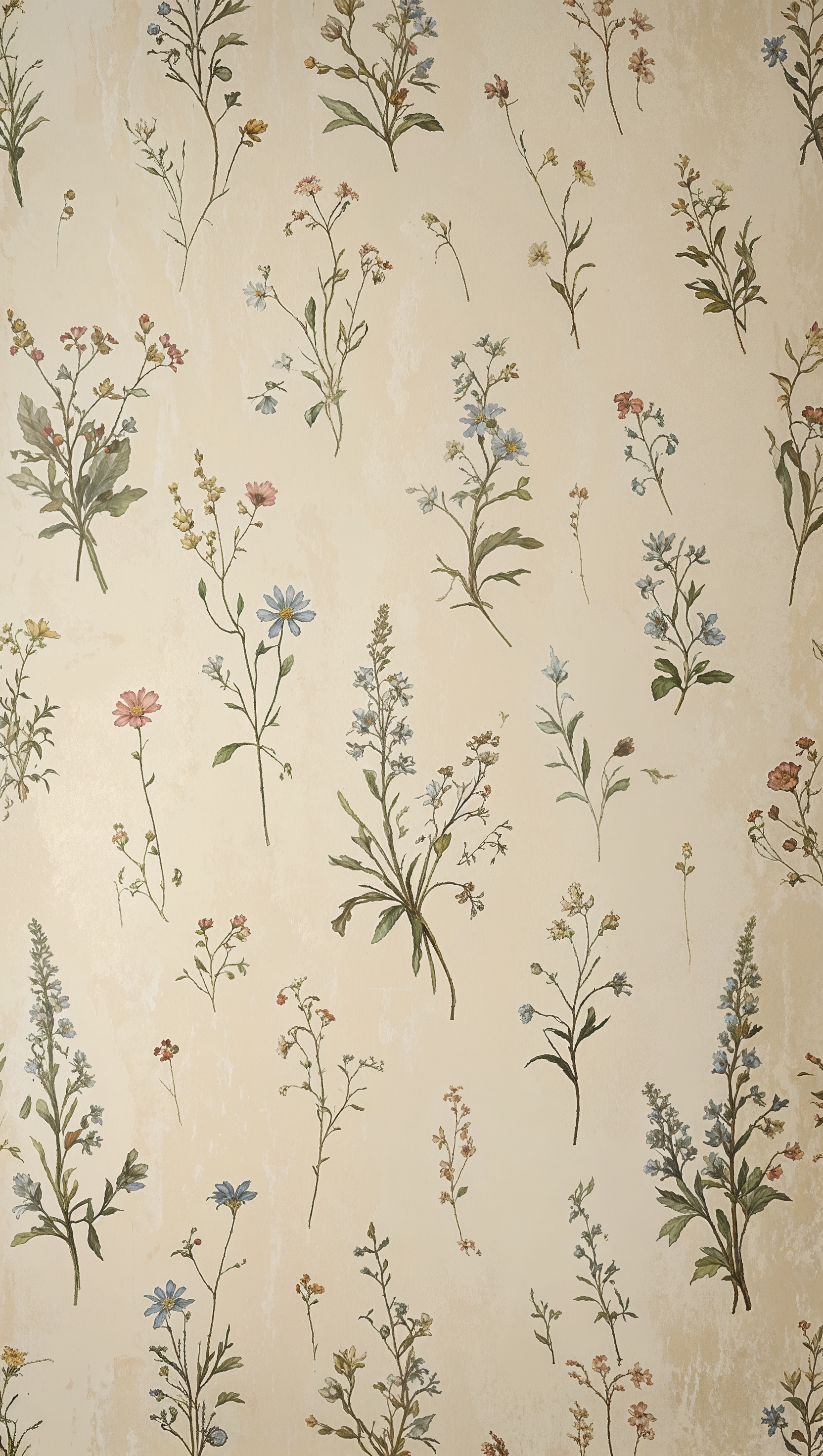 Vintage wallpaper with small wildflowers, ivory background, soft focus