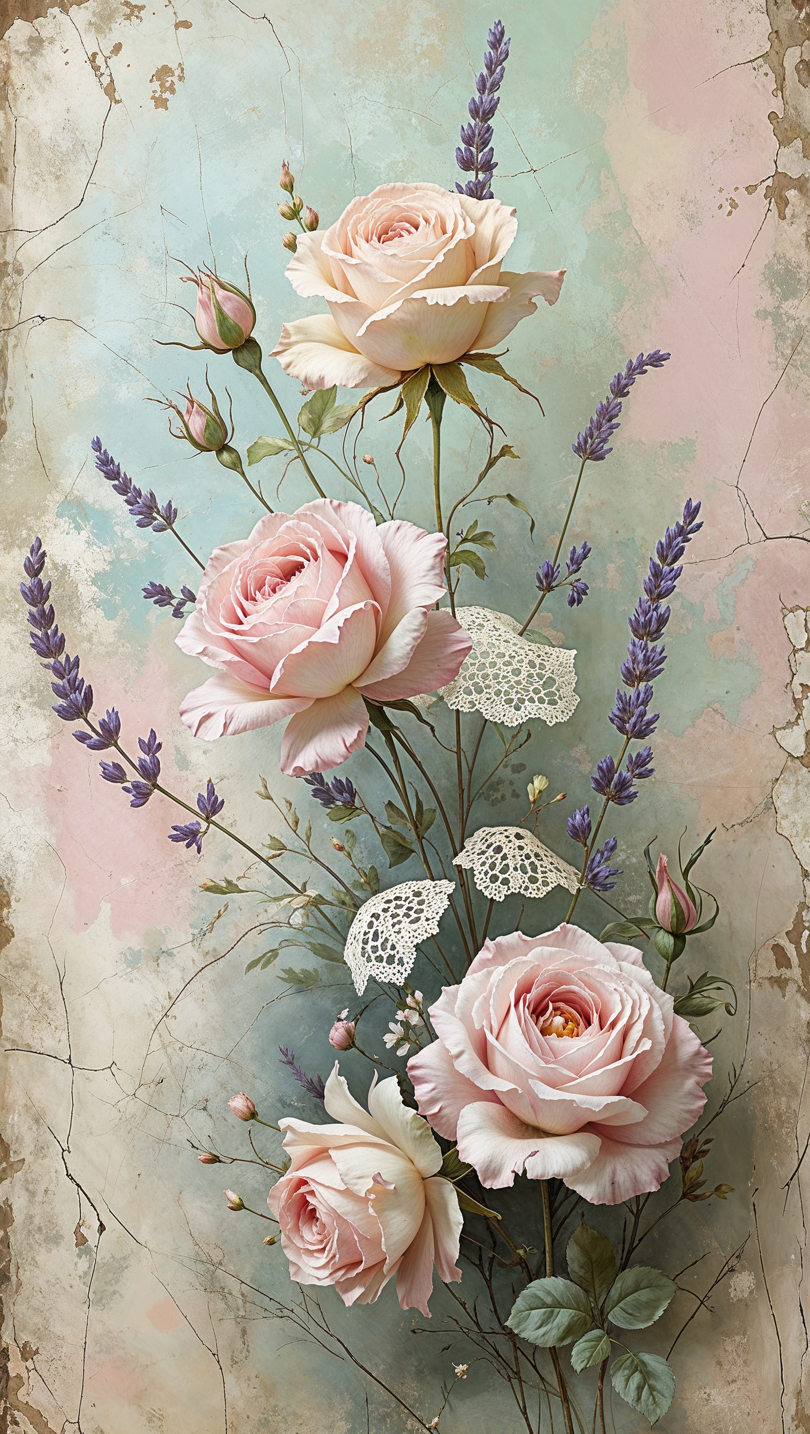 Shabby chic floral design, worn textures, delicate pastel roses