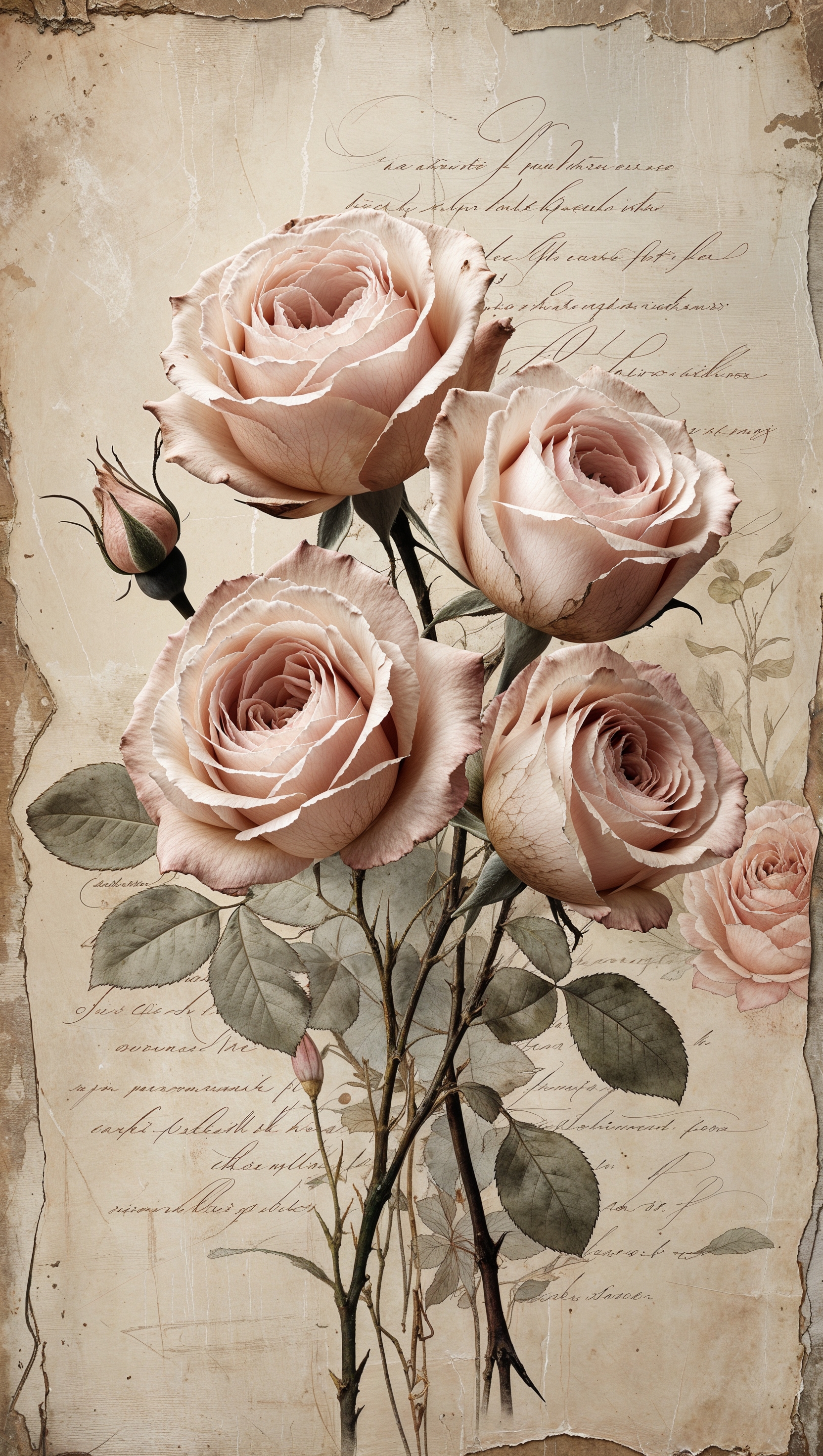 Retro botanical collage with faded roses and handwritten text