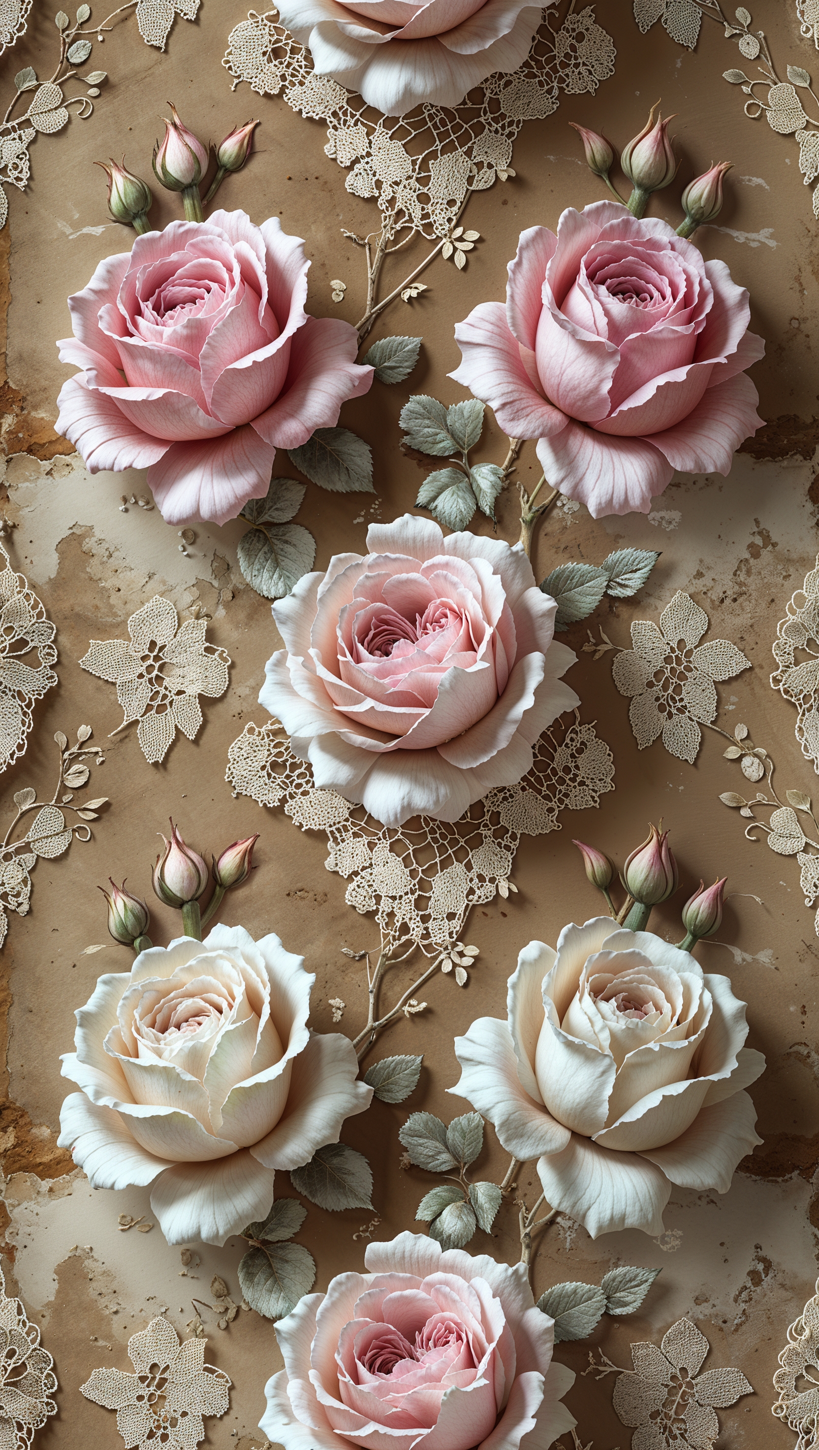 Wallpaper with Victorian roses, lace details, and parchment paper look