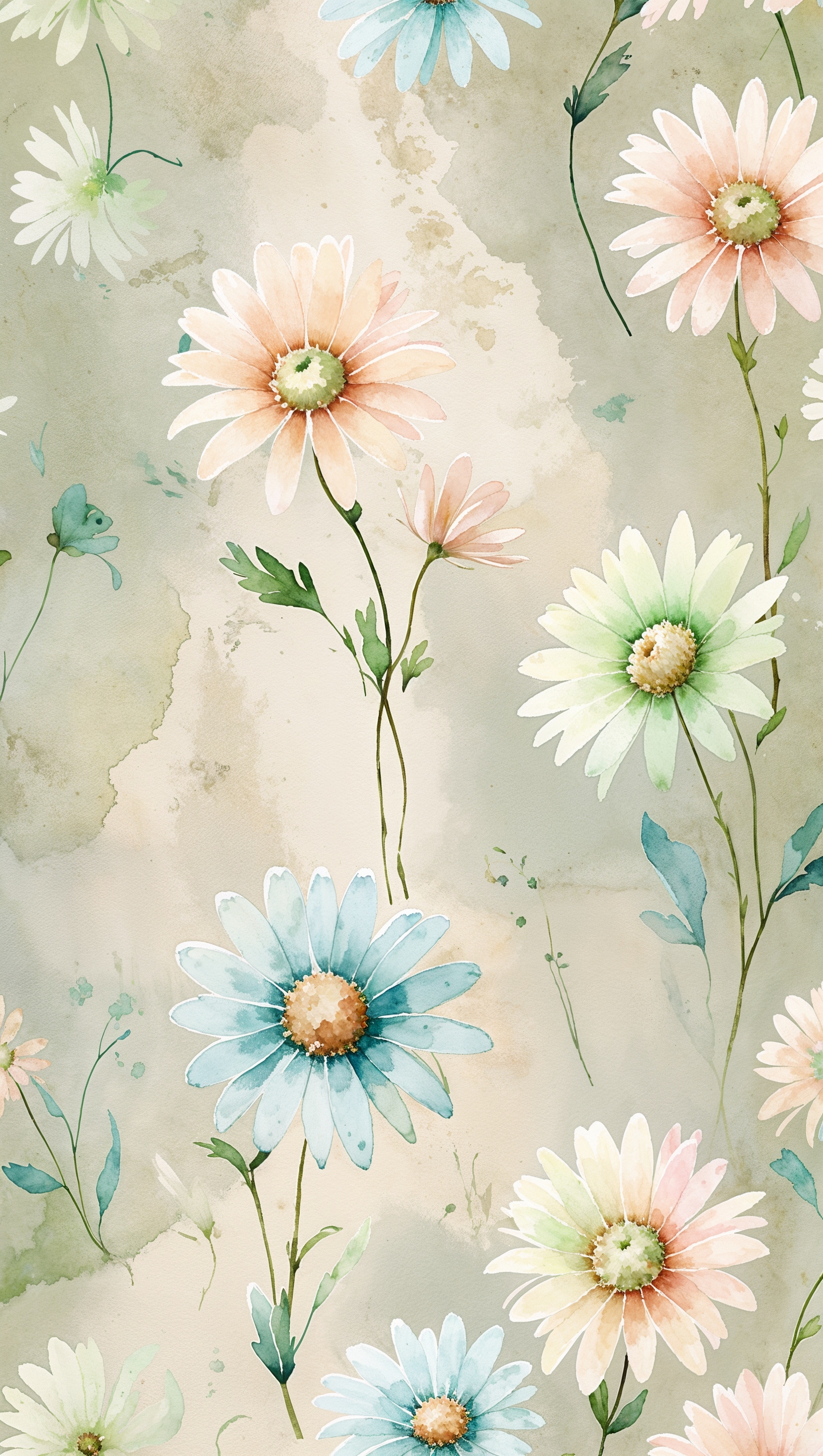 Soft pastel vintage daisies on light cream background, seamless wallpaper